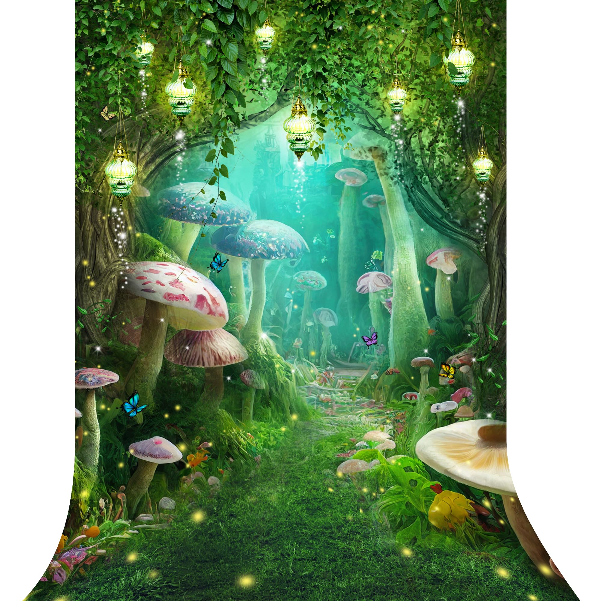 Riyidecor Enchanted Backdrop Polyester Fabric Greenery Garden Wonderland Fairy Tale Mushroom Butterfly Woodland Plant 5W*7H Feet