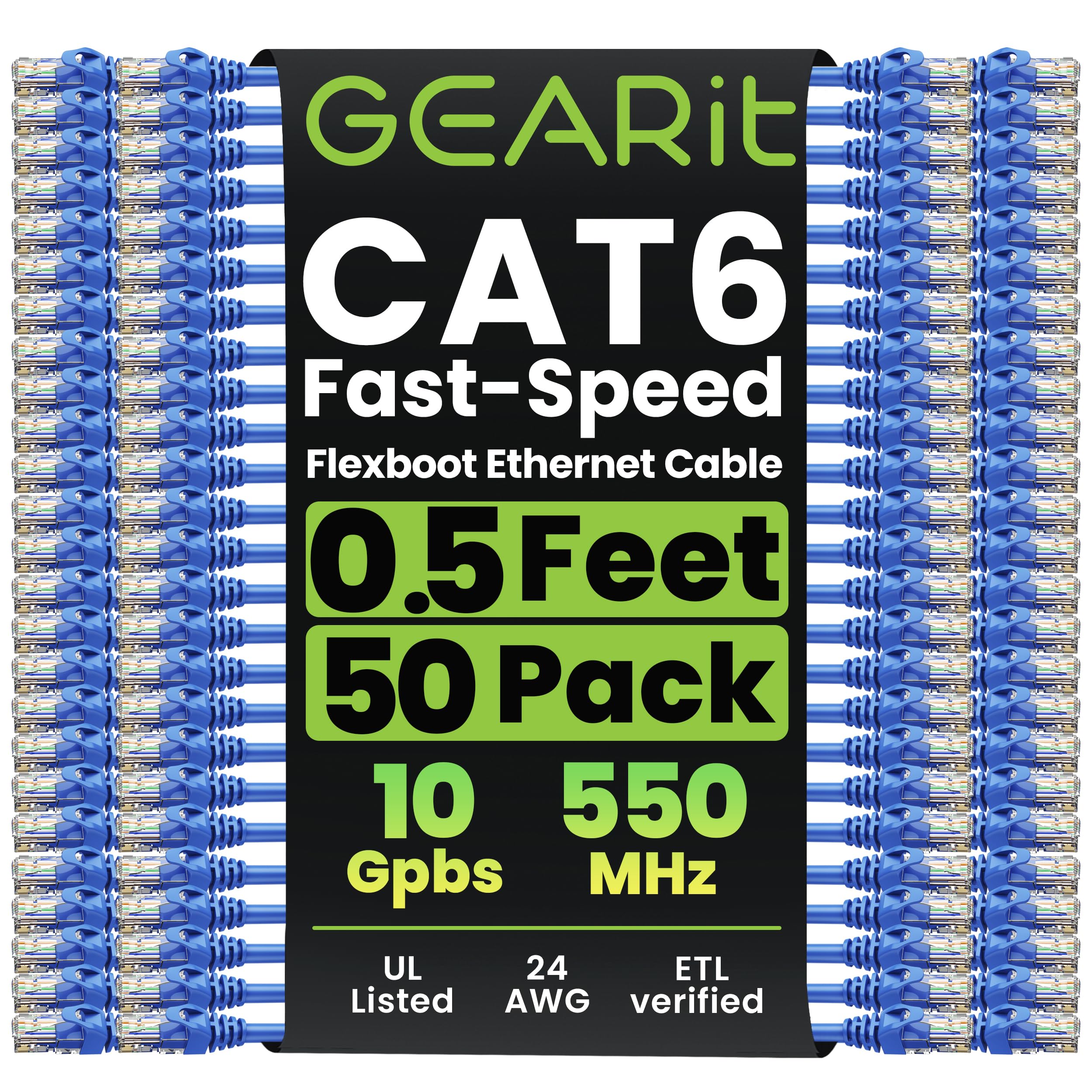 GEARit 50-Pack Cat6 Patch Cable 0.5 Foot / 6 Inches Cat 6 Ethernet Cable Snagless Flexible Soft Tab - Preimum Series - Blue