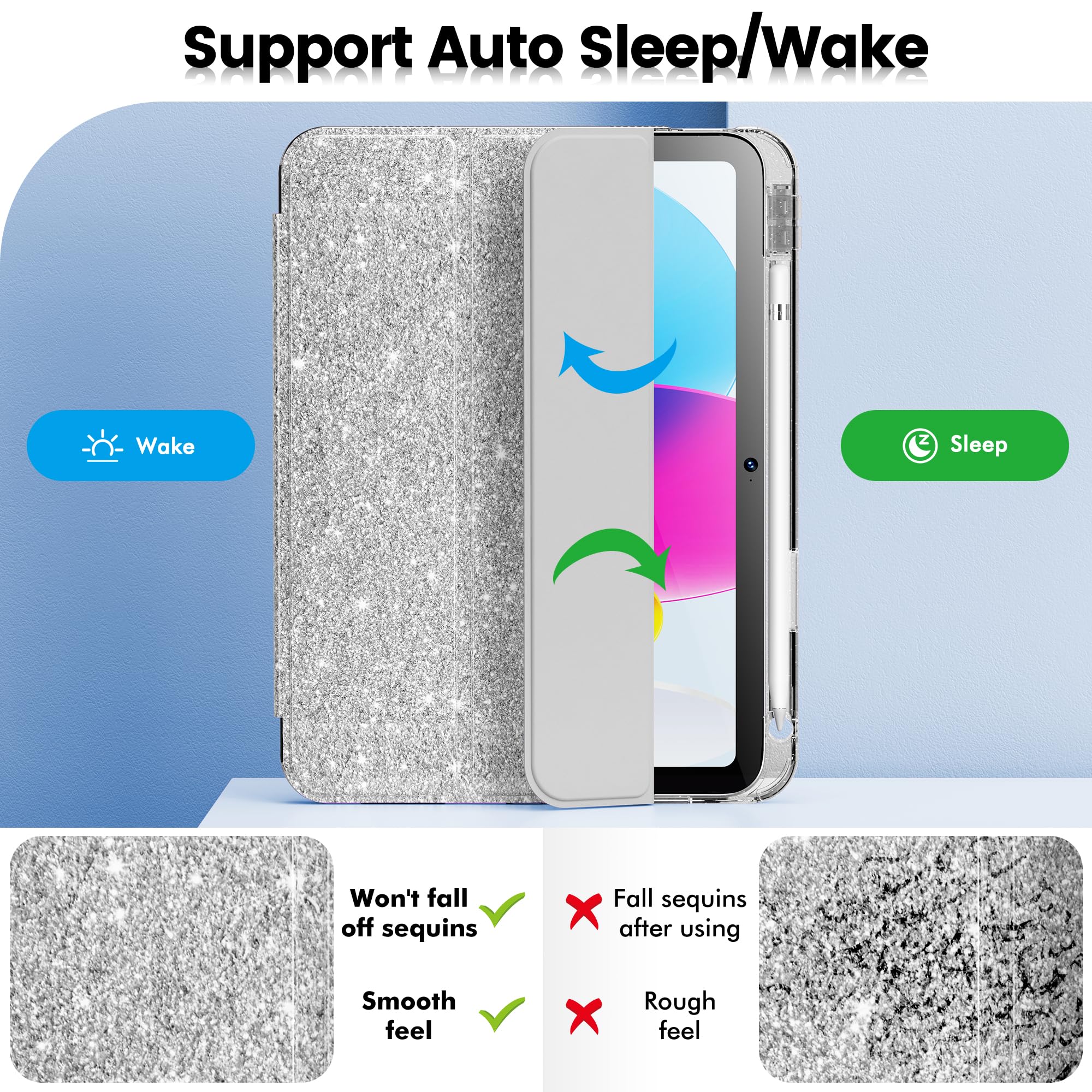 Infiland Compatible With Ipad 10Th Generation Case, Ipad Case 10Th Generation 10.9 Inch, Glitter Leather Cover With Sparkly Crystal Clear Back, Pencil Holder, Anti Yellowing, Silver