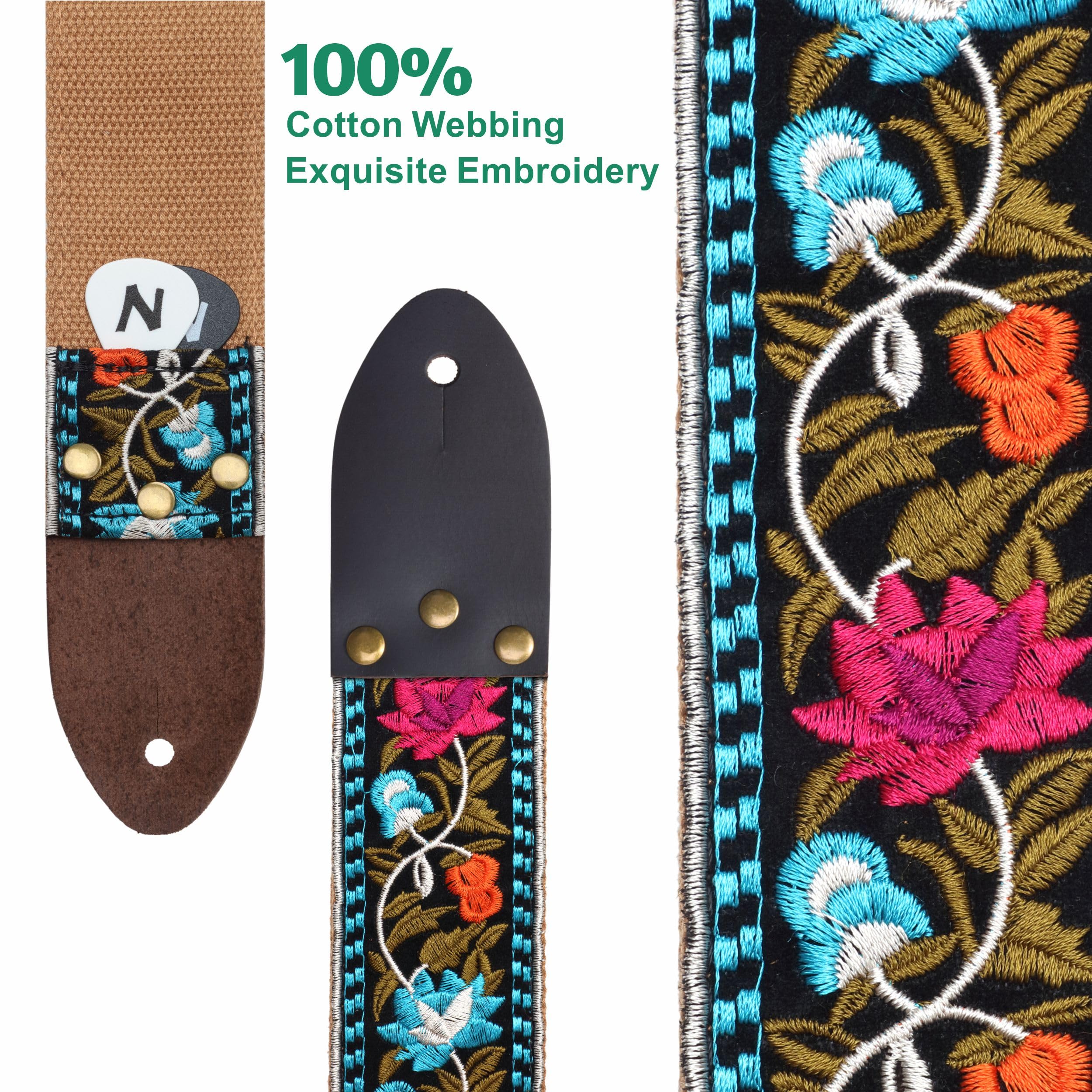 Nefelibata Guitar Strap,Vintage Jacquard Embroidery Cotton Guitar Straps With Crazy Horse Leather Ends For Electric,Acoustic,Com