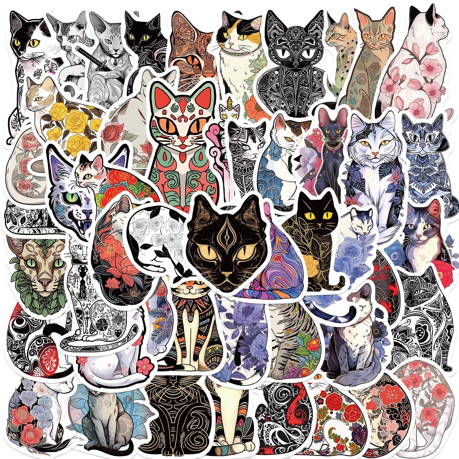 Ukiyo E Floral Tattoo Cat Stickers  50 Pcs Waterproof Vinyl Vintage Japanese Art Cat Stickers For Laptops,Water Bottles,Scrapboo
