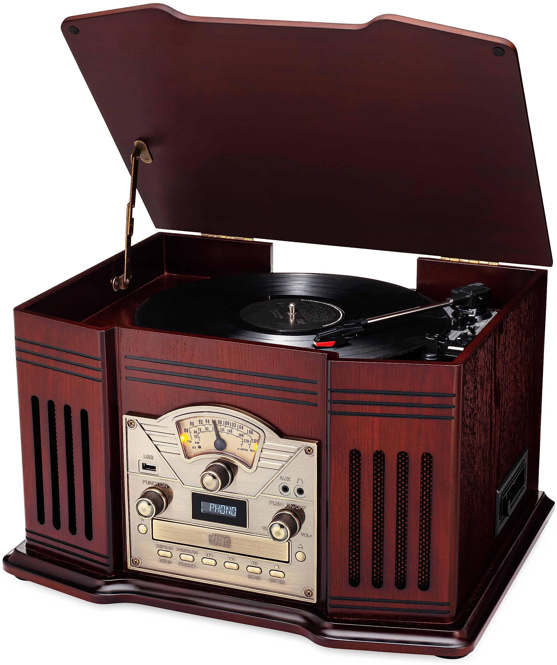Clearclick All In One Turntable With 3 Speed Record Player, Bluetooth, Cd, Cassette Tape, Am/Fm Radio, Aux, Usb, Built In Speake