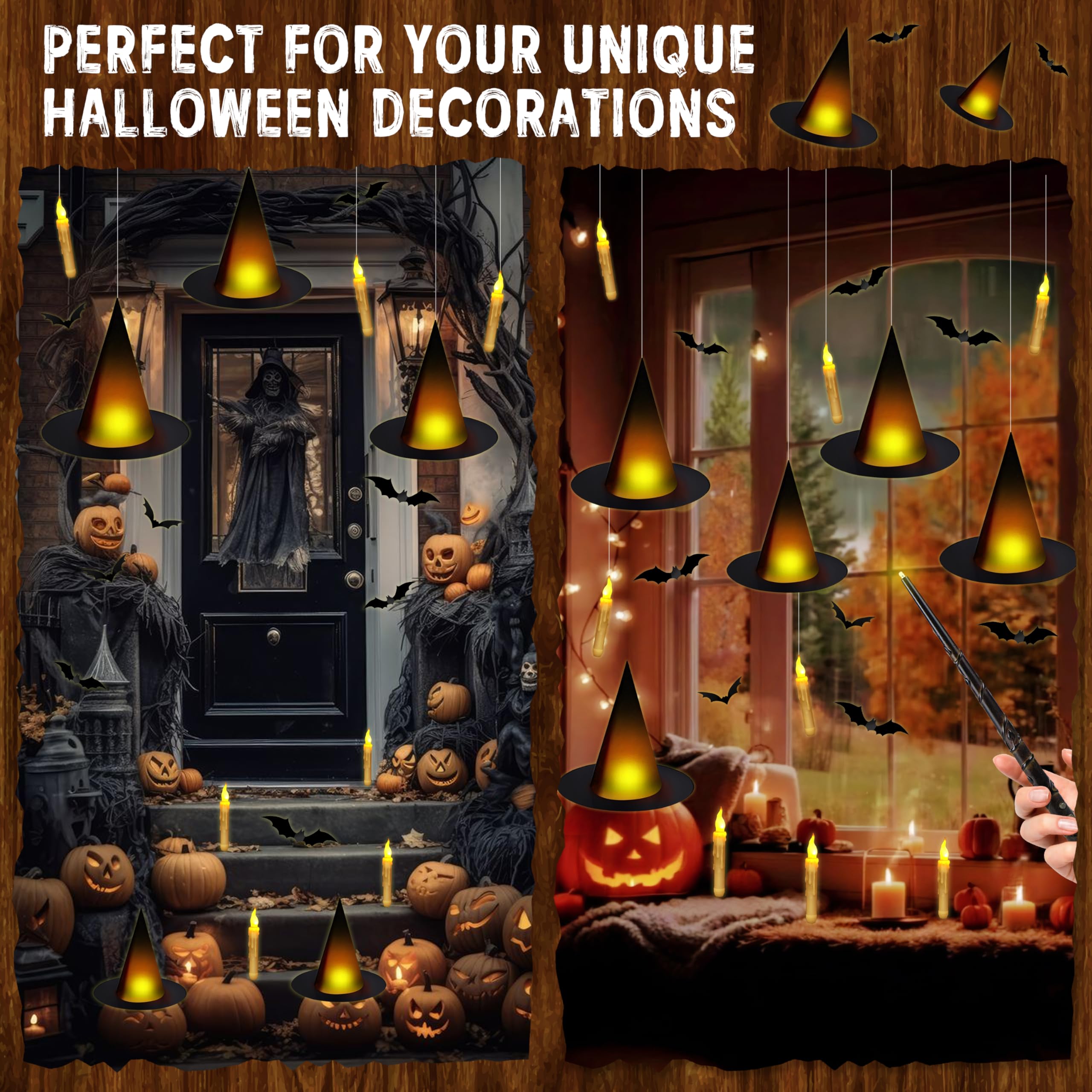 Fayoo Floating Candles With Wand, 12Pcs Magic Hanging Candles, Floating Light Up Witch Hats With Flameless Candle With Wand Remo