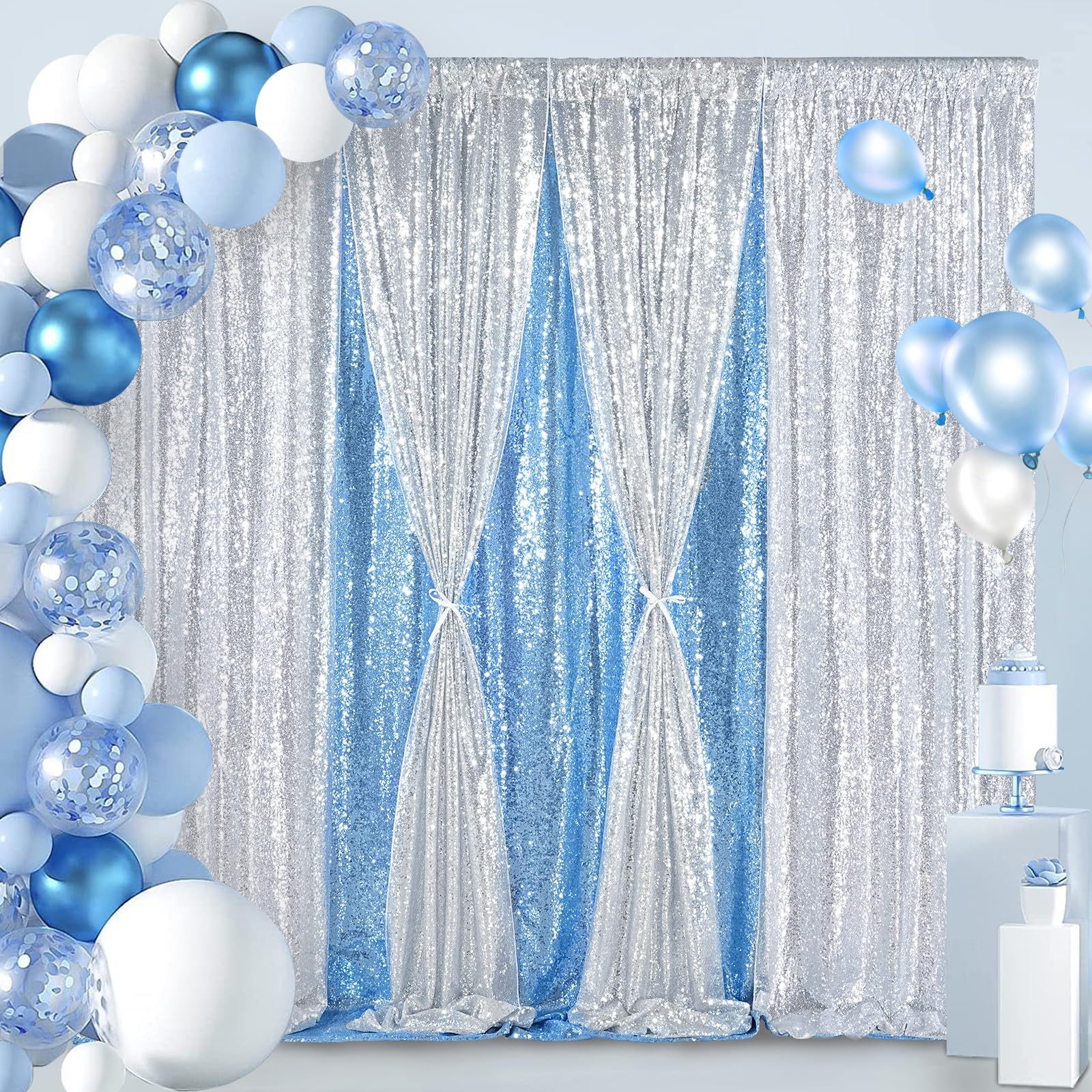 Silver Sequin Backdrop 7Ft X 7Ft Glitter Photo Booth Backdrop Curtains For Wedding Birthday Baby Shower Event