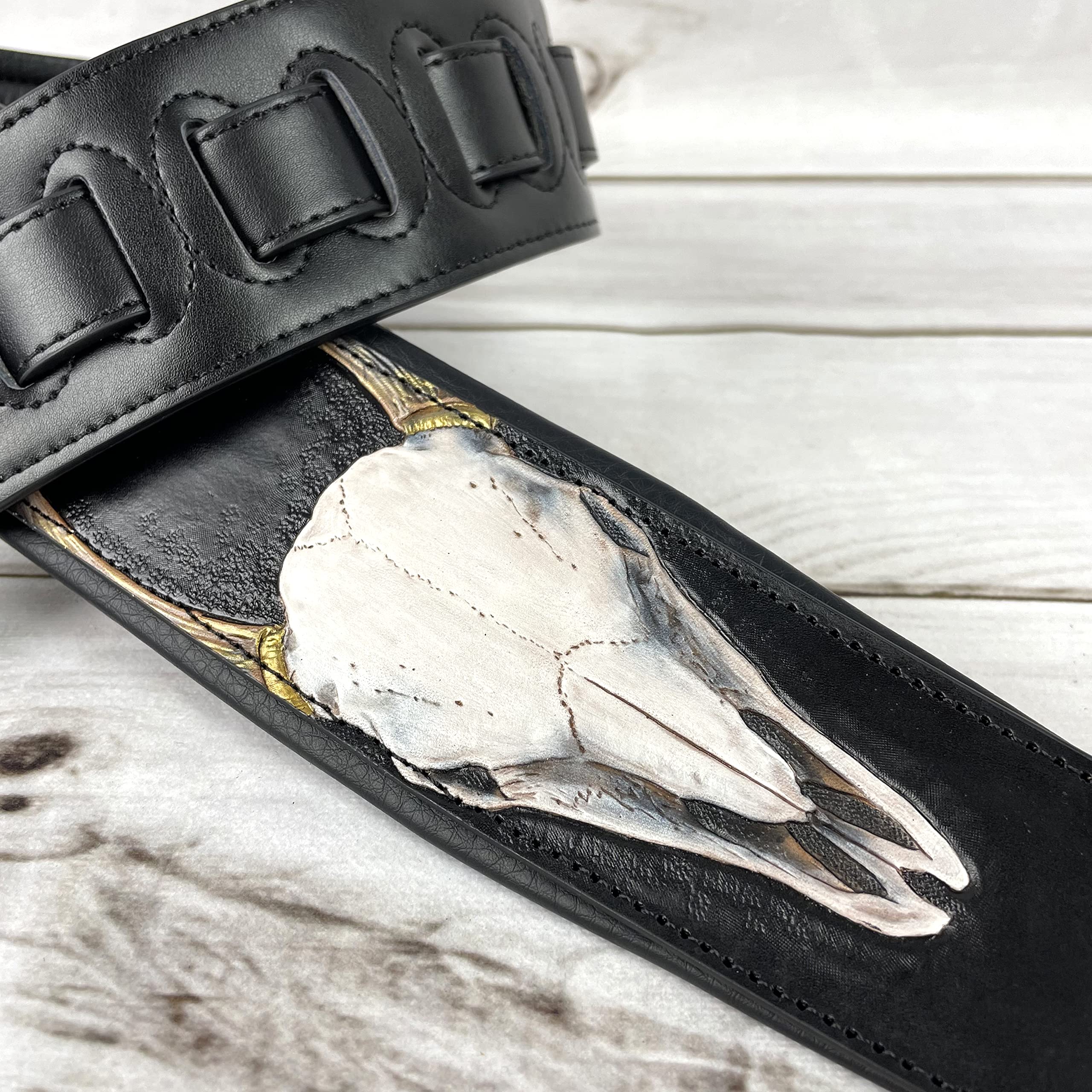 Walker And Williams Kb 61 Handmade Carved Longhorn Skull Guitar Strap On Premium Matte Black Leather For Acoustic, Electric, And