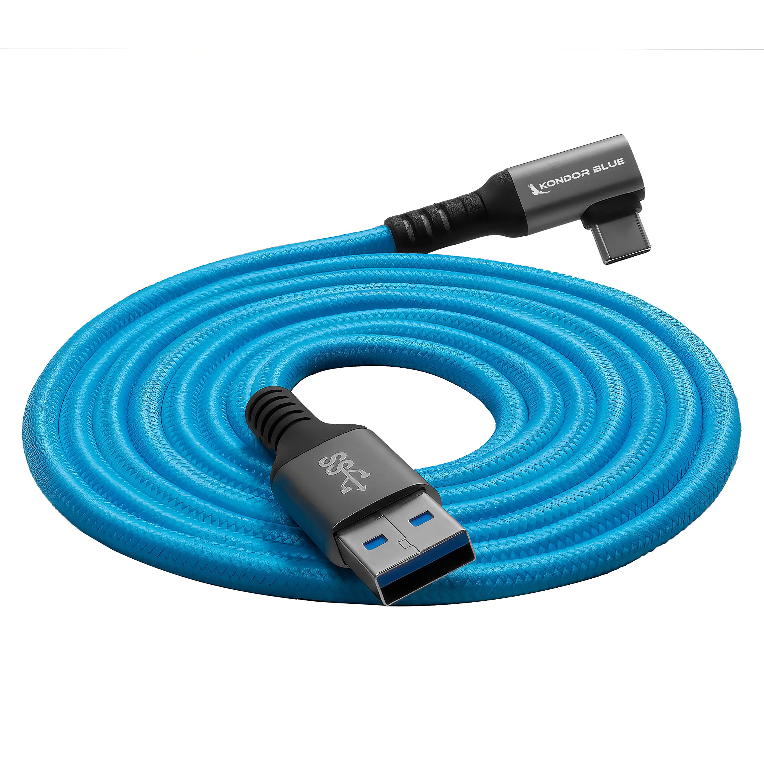 Kondor Blue 10' Straight Usb C To Usb A 3A 60W 5Gb/S | Right Angle Braided Cable For Data And Power Delivery