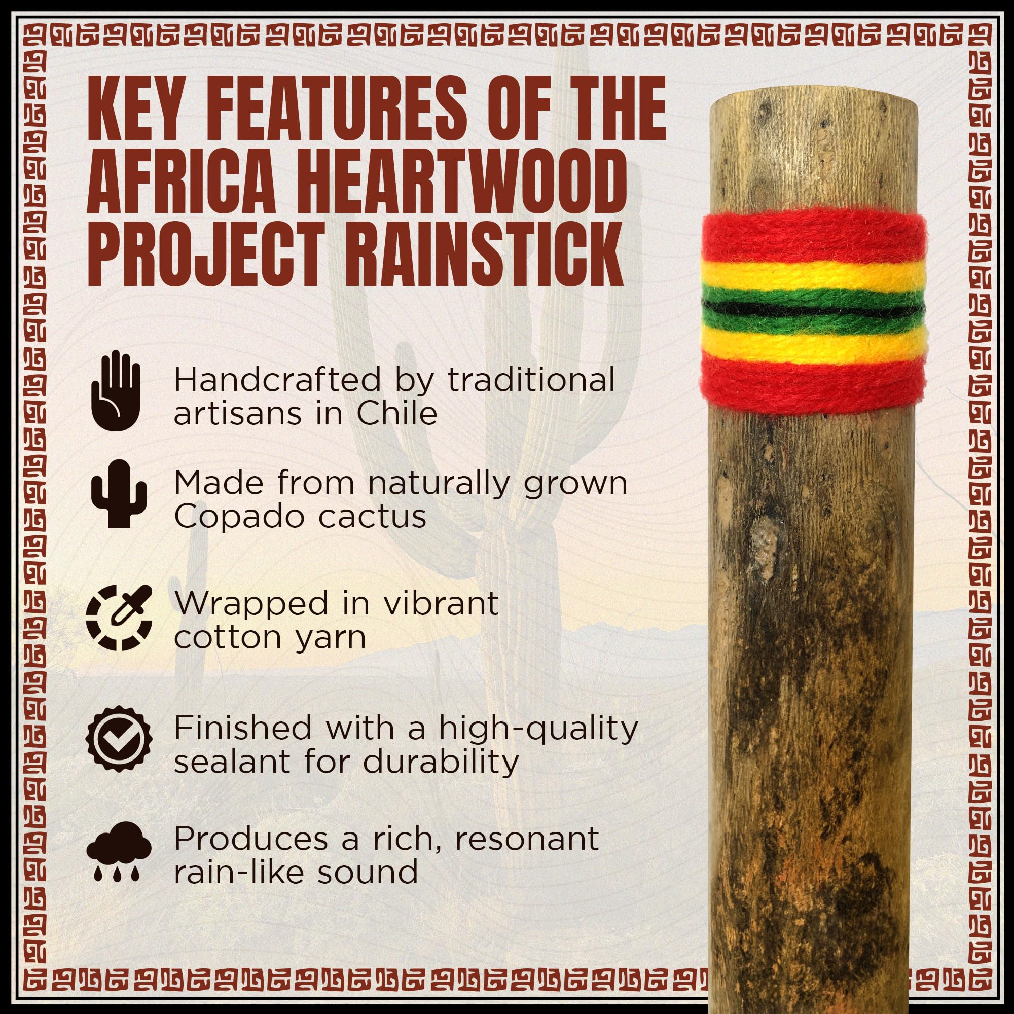 Africa Heartwood Project 20'' Cactus Rainstick From Chile   Authentic Handcrafted Rain Stick Musical Instrument With Rasta Yarn
