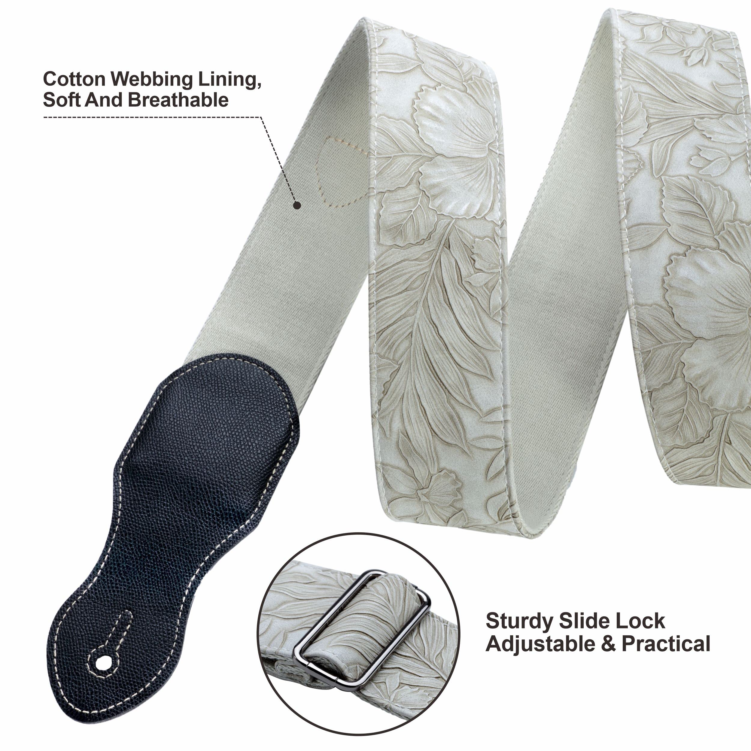 Nefelibata Guitar Strap With Pick Pocket,2.3 Inch Porter Style Leather Carving Guitar Straps,60S Vintage Style (White)