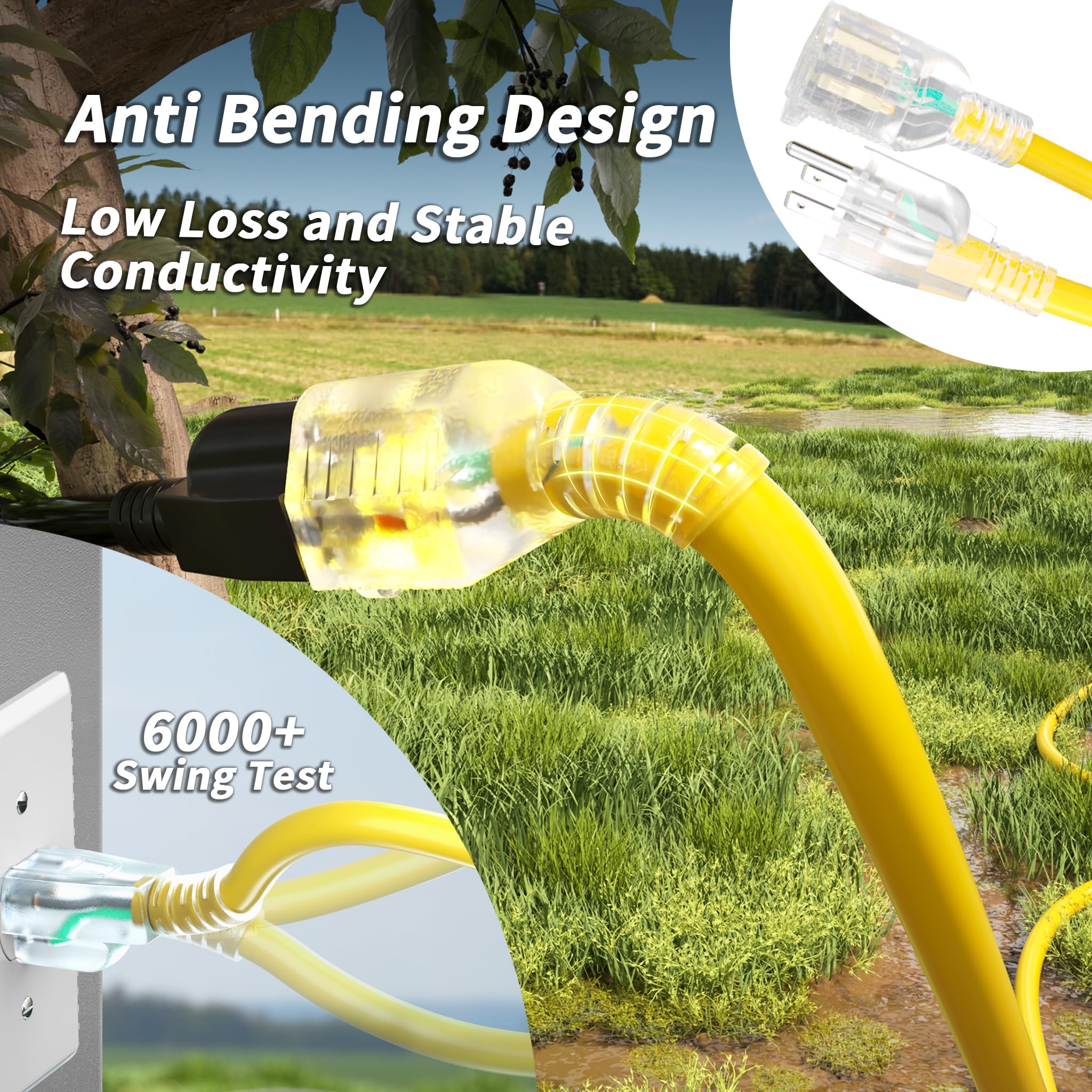 50Ft 10/3 Gauge Outdoor Extension Cord Waterproof With Lighted Indicator,10 Gauge Sjtw Heavy Duty 15Amp 1875W,3 Prong Cords Flex