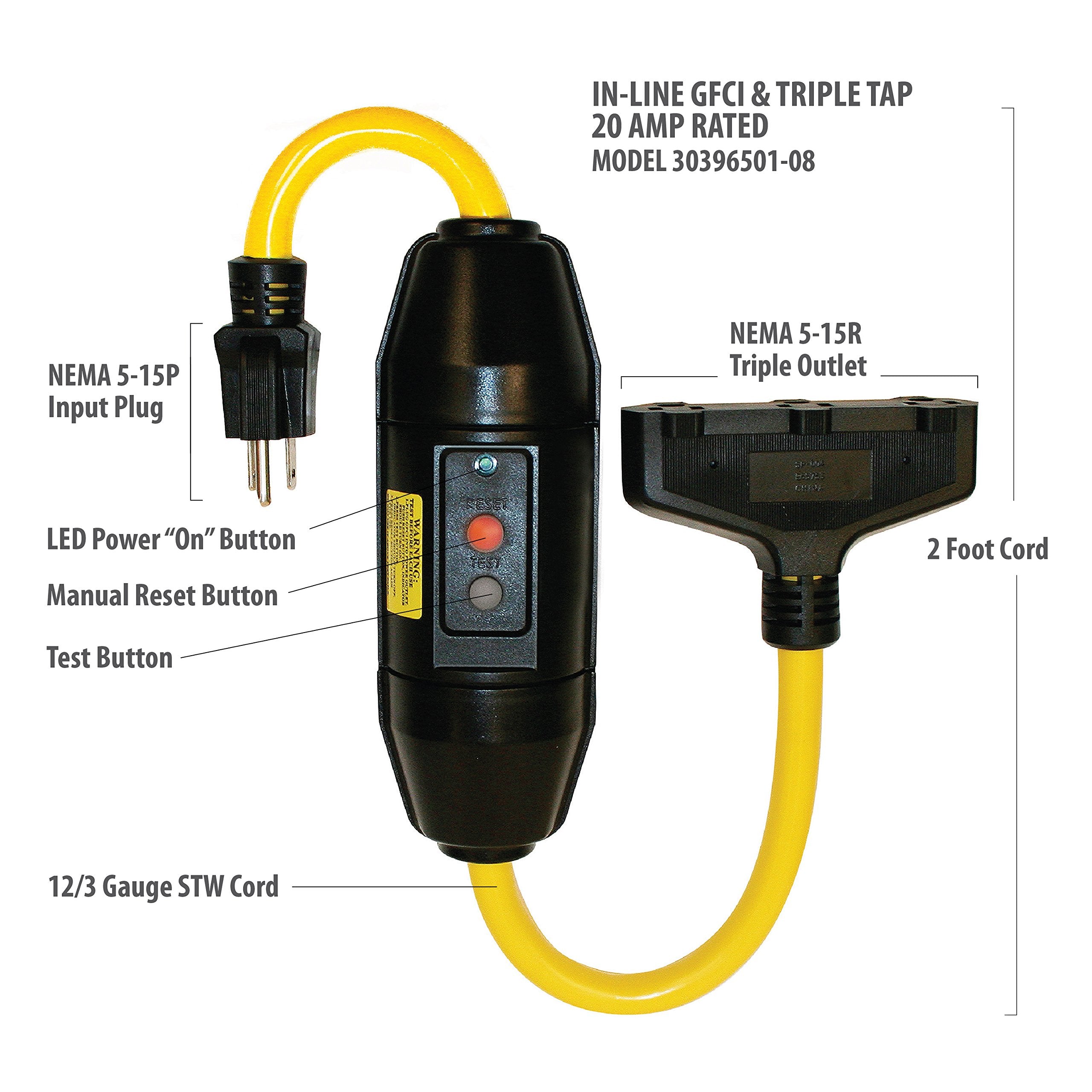 Tower Manufacturing 30396501 08 Manual Reset 20 Amp Inline Gfci Triple Tap Cord, Yellow/Black