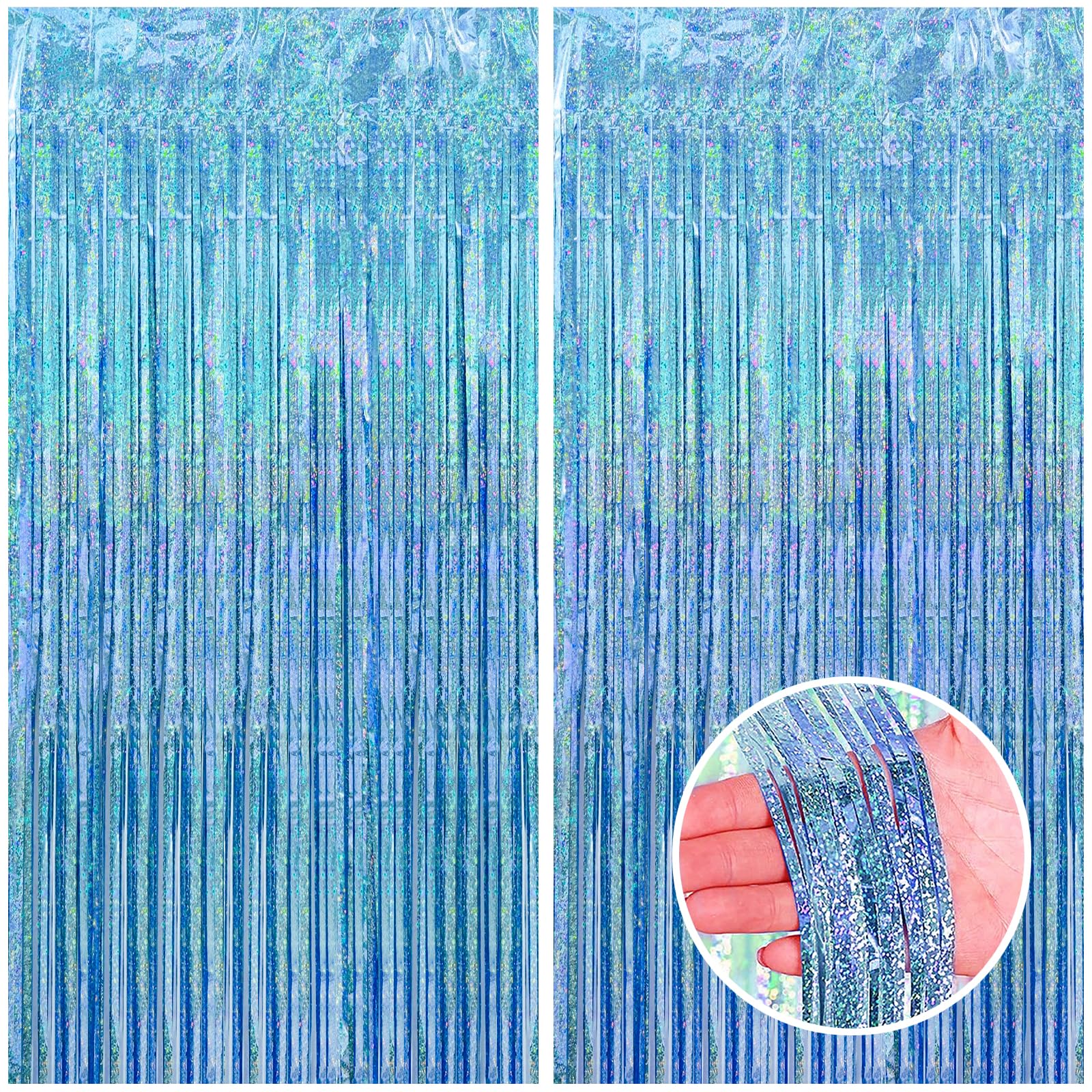 Canrevel 2 Pack 3.3X8.2 Feet Light Blue Foil Fringe Backdrop Curtains, Glitter Tinsel Streamers Birthday Party Decorations, Frin
