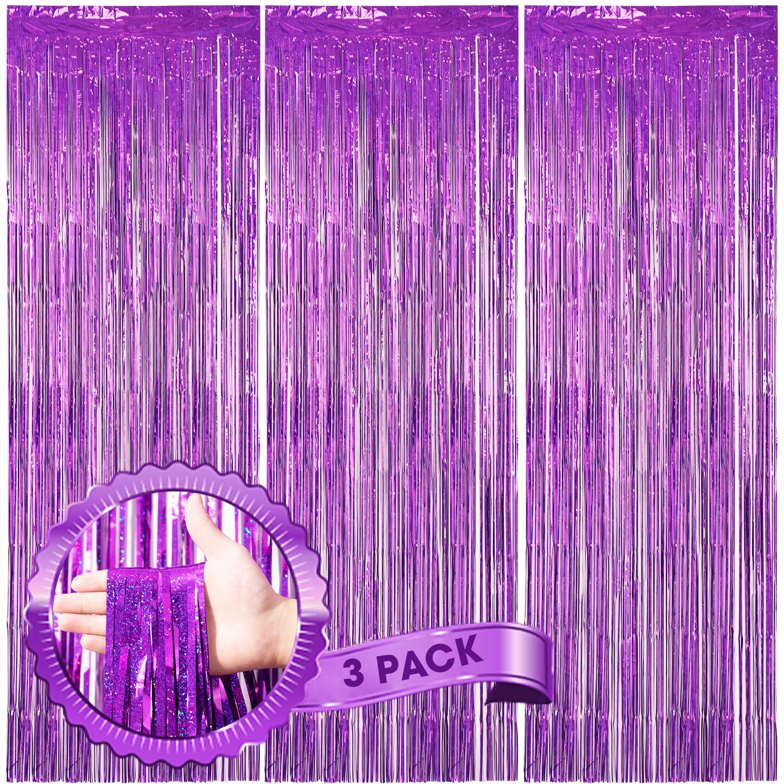 Voircoloria 3 Pack 3.3 X 8.2 Ft Laser Purple Foil Fringe Backdrop Curtains, Tinsel Streamers Birthday Party Decorations, Fringe
