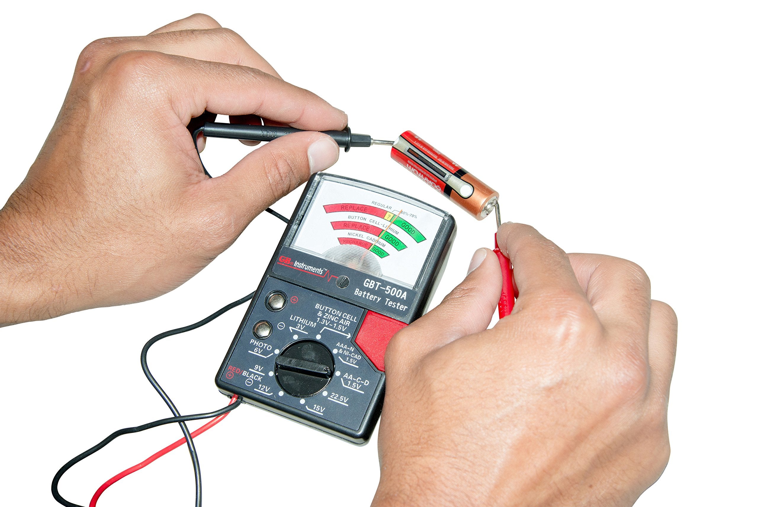 Gardner Bender Gbt 500A Analog 1.5 V Button Cell/22.5 Photo/Aa/Aaa/12 V/9 V/Lantern Cells & More, Leads Battery Tester,14 Batter