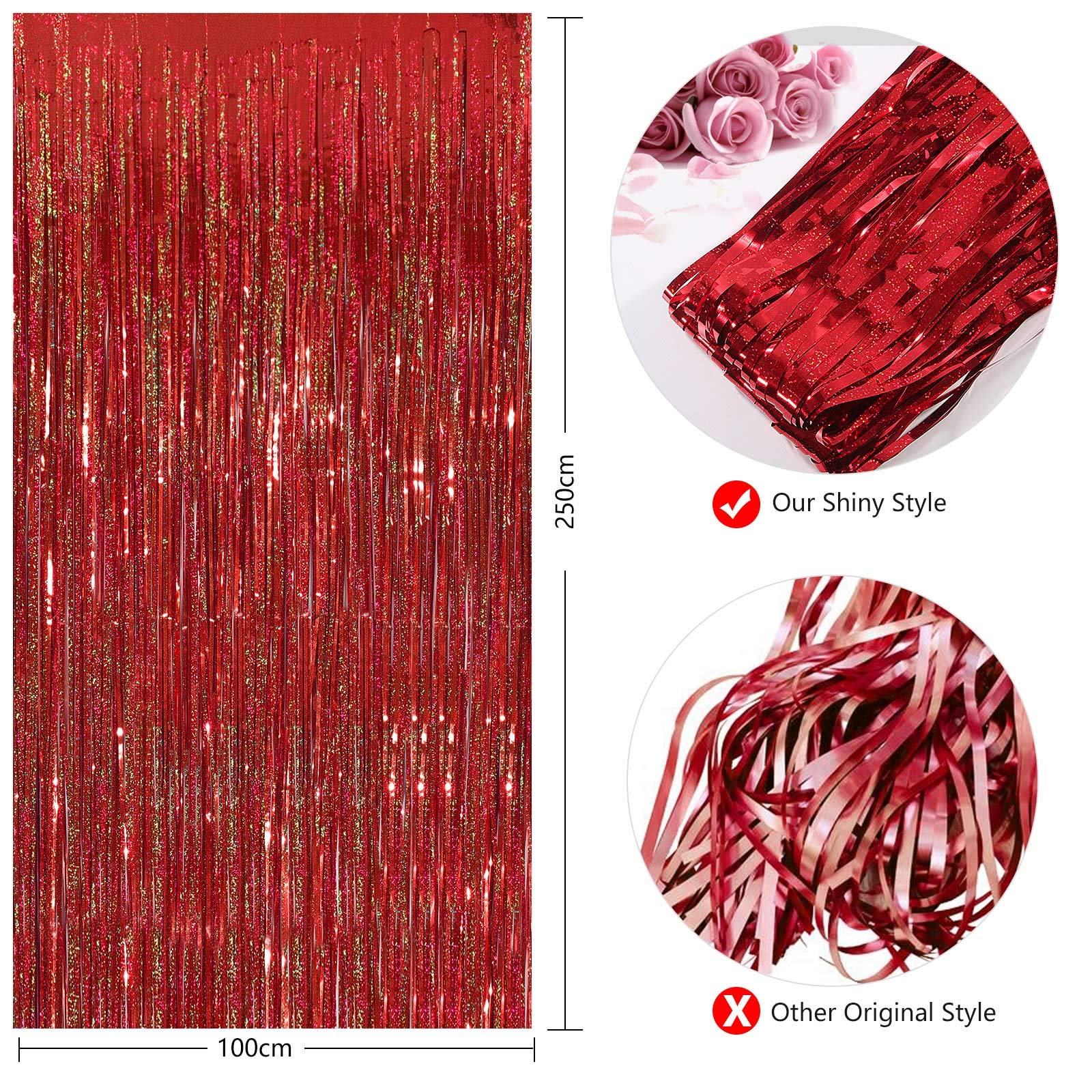 Cylmfc Metallic Tinsel Curtains, 2 Pack 3X8Ft Foil Fringe Backdrop For Birthday & Graduation Decorations, Red
