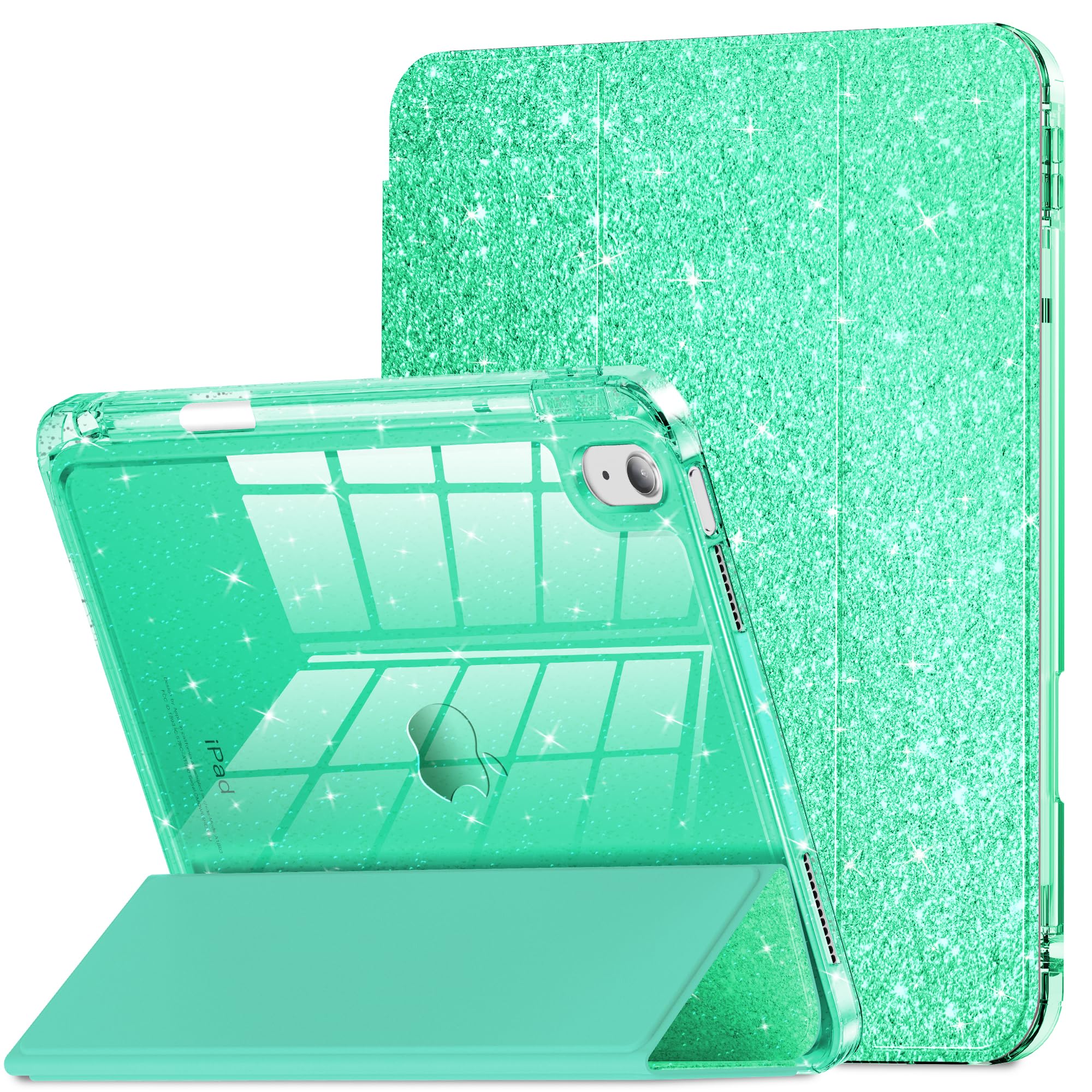 Infiland Compatible With Ipad 10Th Generation Case, Ipad Case 10Th Generation 10.9 Inch, Glitter Leather Cover With Sparkly Crystal Clear Back, Pencil Holder, Anti Yellowing (Seafoam Green)