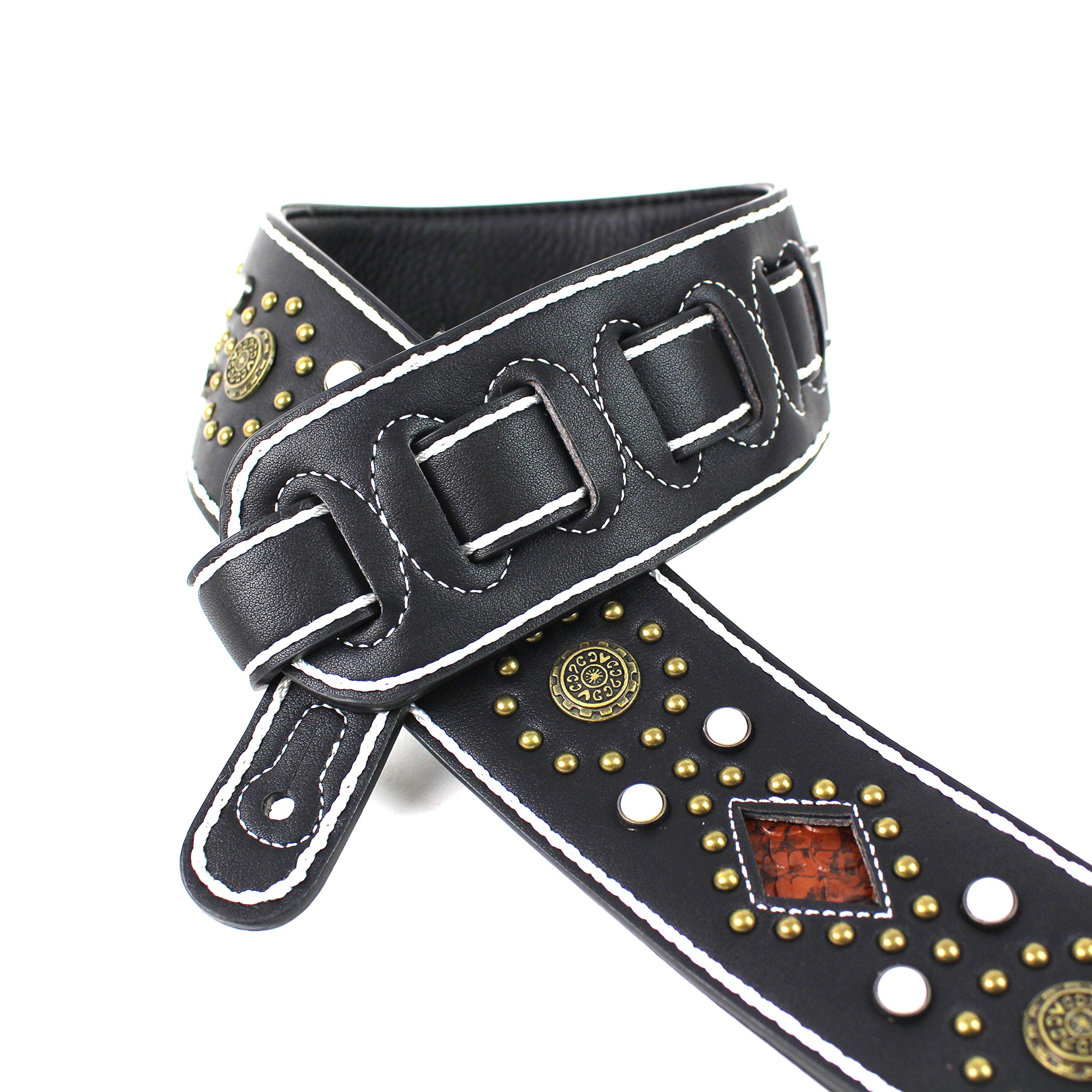 Walker And Williams Gtr 20 Wht Sedona Special Premium Black Padded Guitar Strap With White Stitching Brass Studs & Rivets For Ac