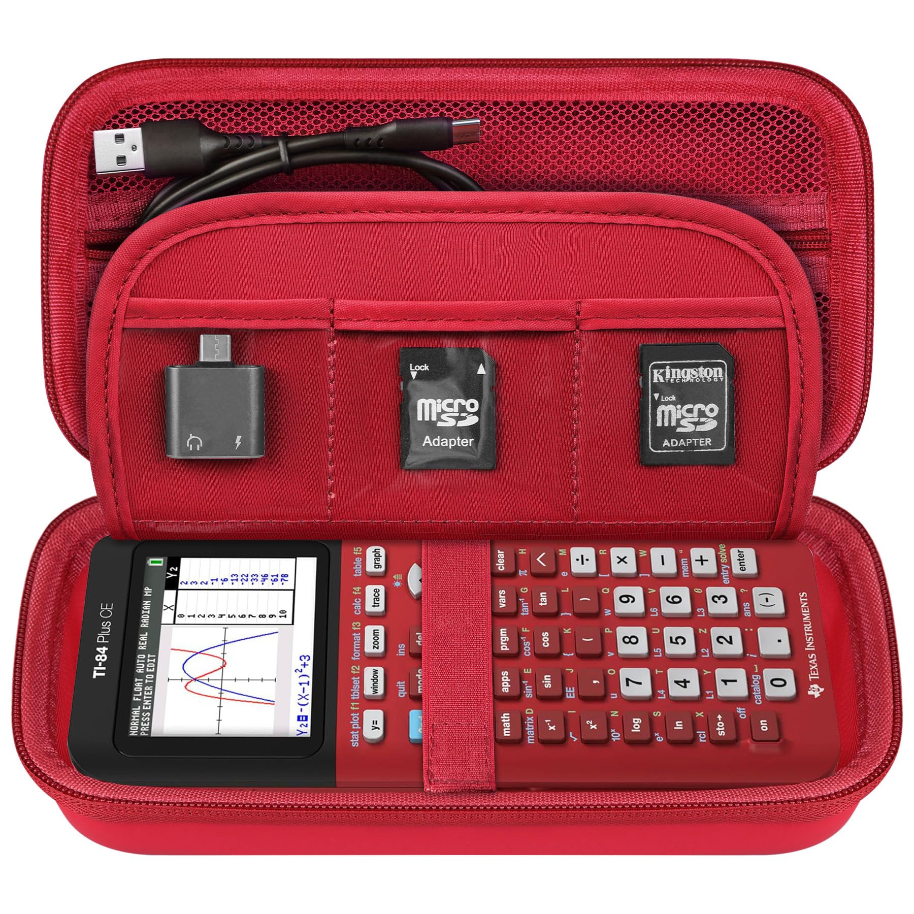 Elonbo Carrying Case For Texas Instruments Ti 84 Plus Ce/Ti 84 Plus/Ti 83 Plus Ce/Casio Fx 9750Gii Color Graphing Calculator, Extra Mesh Pocket Fits Charging Cable, Charger, Manual, Red