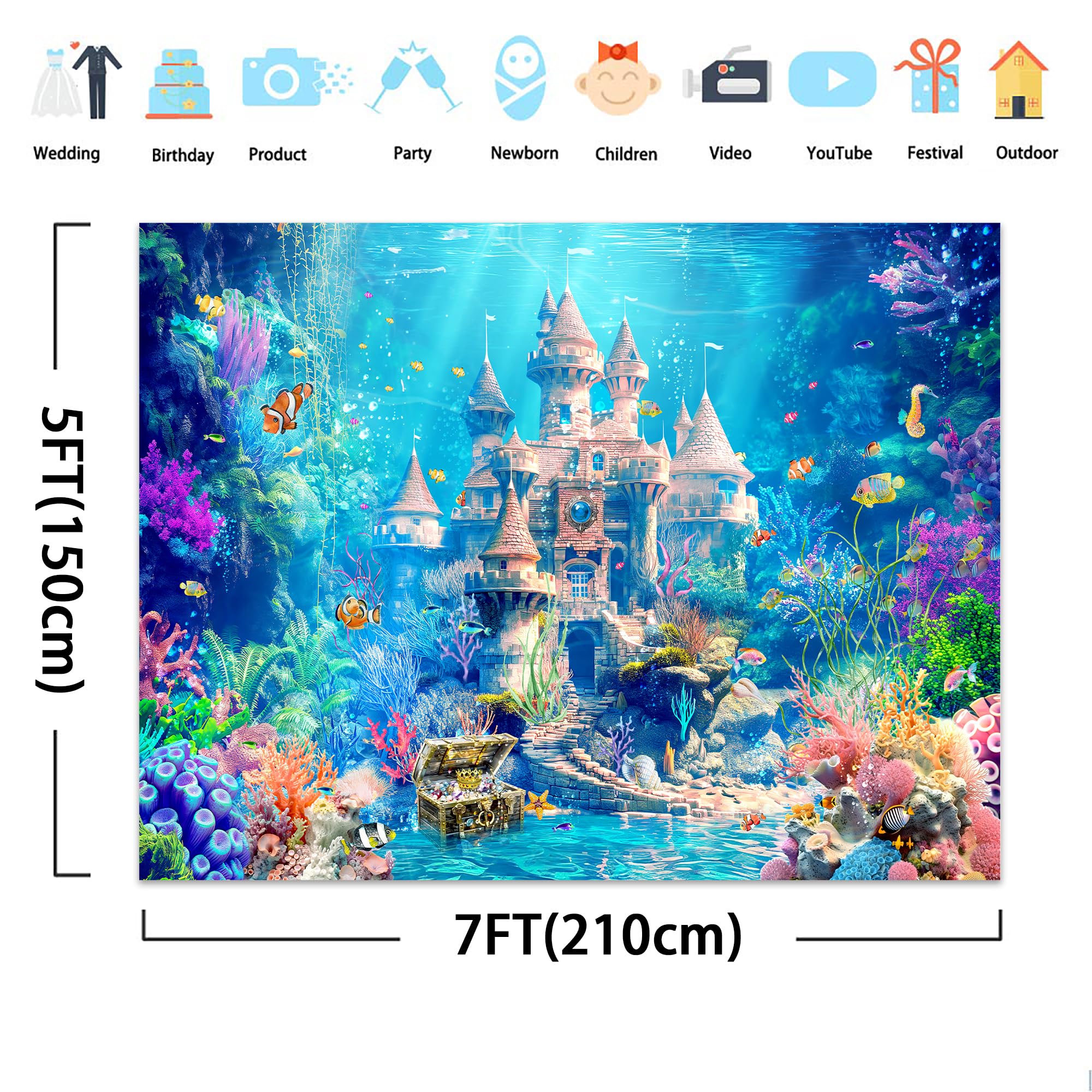Svbright Ocean Castle Backdrop 7Wx5H Princess Underwater Sea Fairy Birthday Wonderland Aquarium Sea Fish Coral Plant Cute Kids C