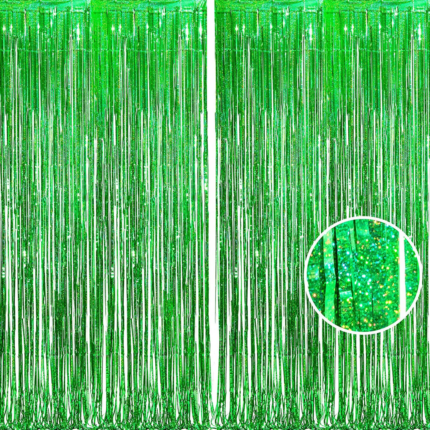 Braveshine Green Metallic Tinsel Foil Fringe Curtains   2 Pack 3.2 X 8.2 Ft Metallic Photo Backdrop For Graduates Theme/St Patri
