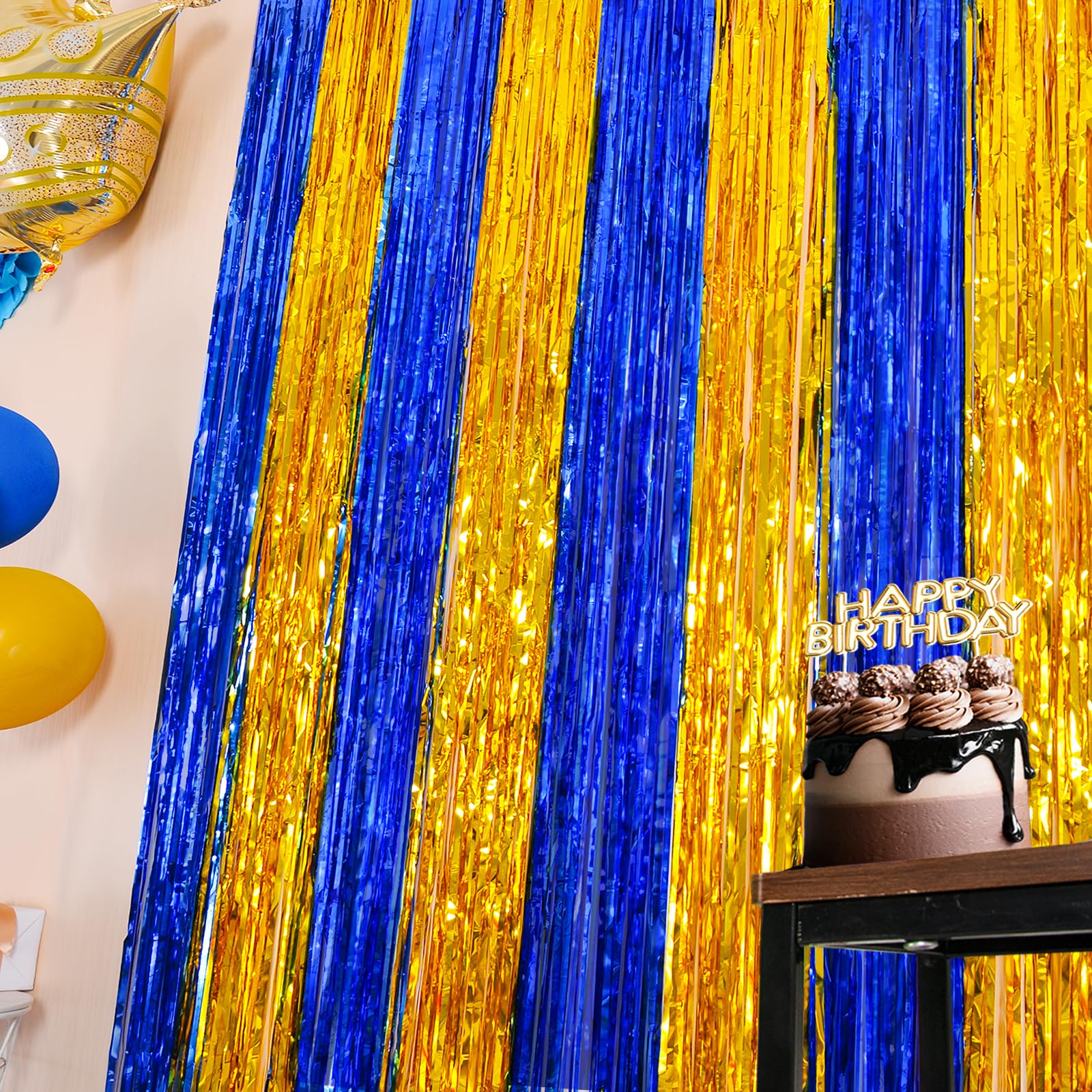 Lolstar 2 Pack Navy Blue And Gold Party Decorations, 3.3X6.6 Ft Foil Fringe Curtains, Tinsel Backdrop, Graduation Photo Booth Pr