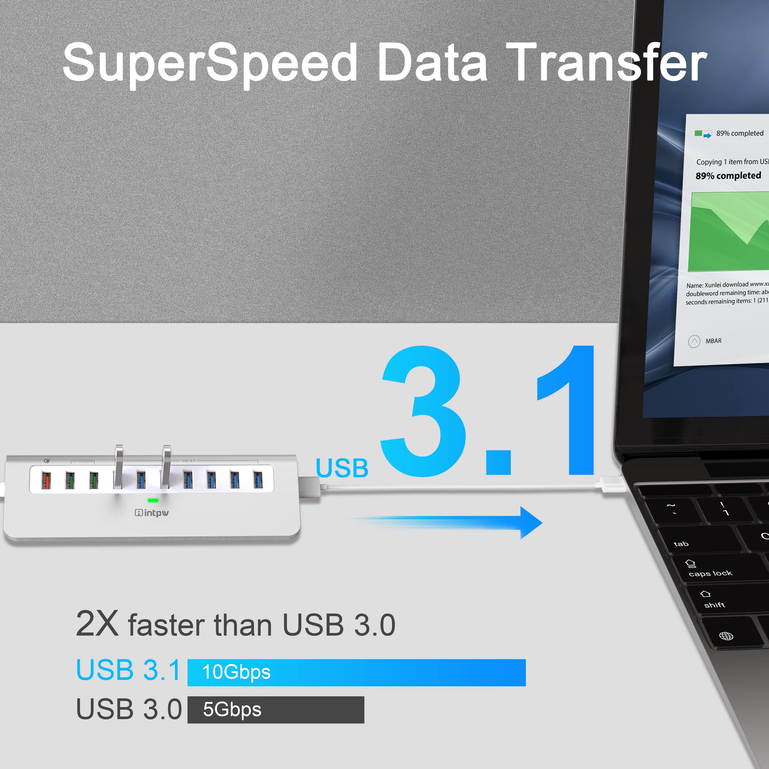 Powered Usb Hub 10Gbps, 10 Port Usb 3.1 Gen 2 Hub With 7 Usb 3.1 Data Ports, 3 Fast Charging Ports, 36W Power Adapter, Type A An
