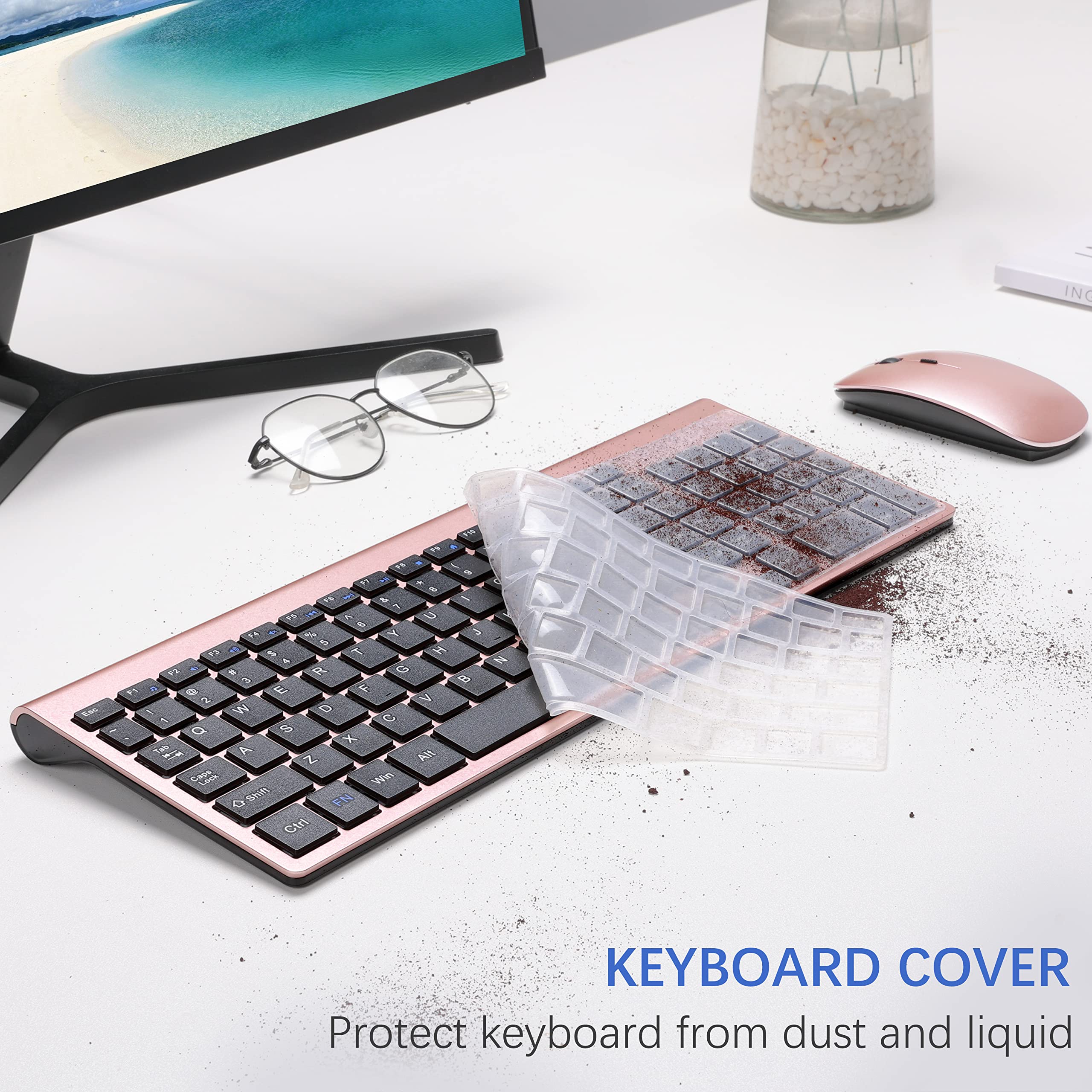 Wireless Keyboard And Mouse Ultra Slim Combo, Topmate 2.4G Silent Compact Usb 2400Dpi Mouse And Scissor Switch Keyboard Set With Cover, 2 Aa & 2 Aaa Batteries,For Pc/Laptop/Windows/Mac Rose Gold Black