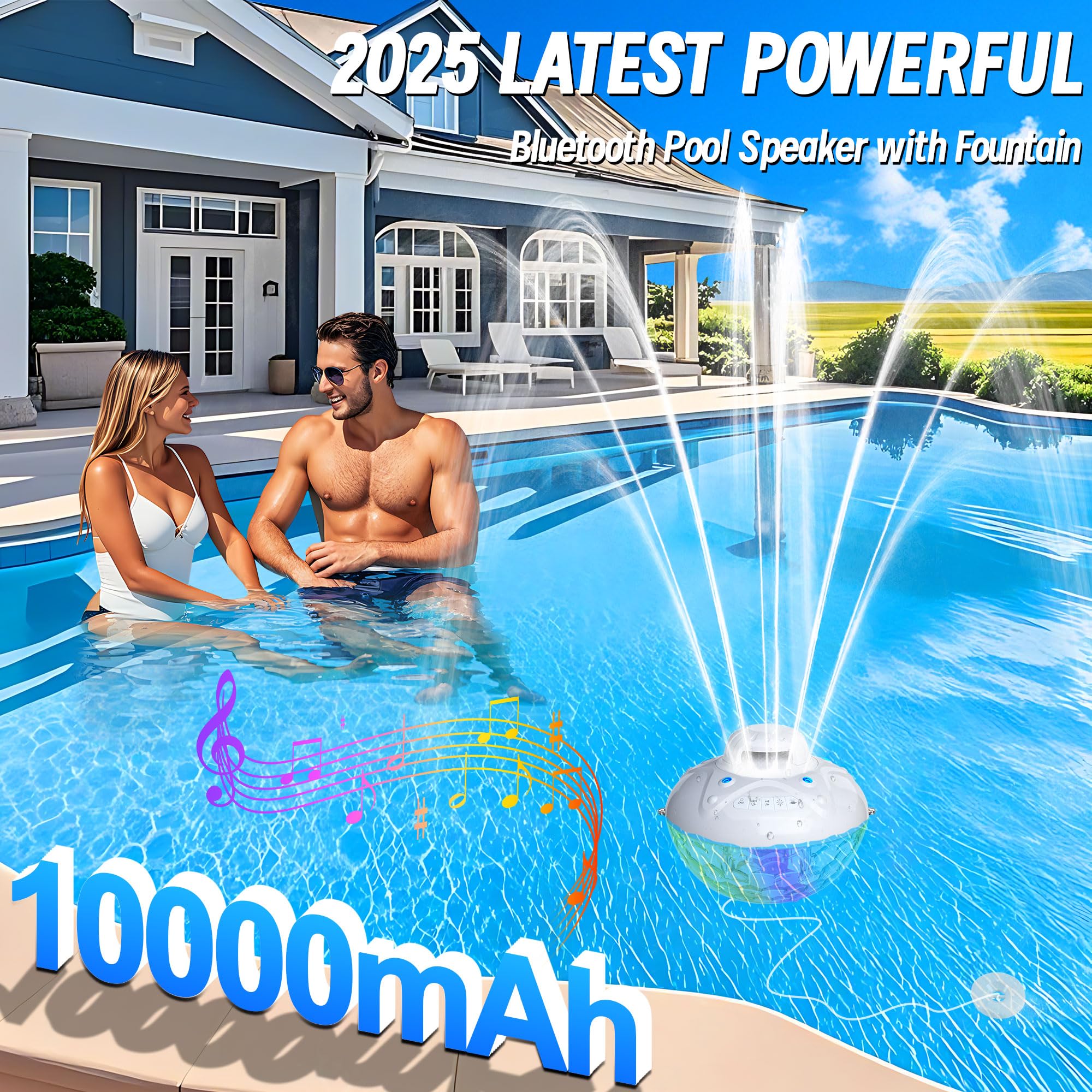 Kingsom 3 In 1 Bluetooth Pool Speaker With Pool Fountain Light, 10000Mah Floating Pool Speaker, Ip68 Waterproof Hot Tub Speakers