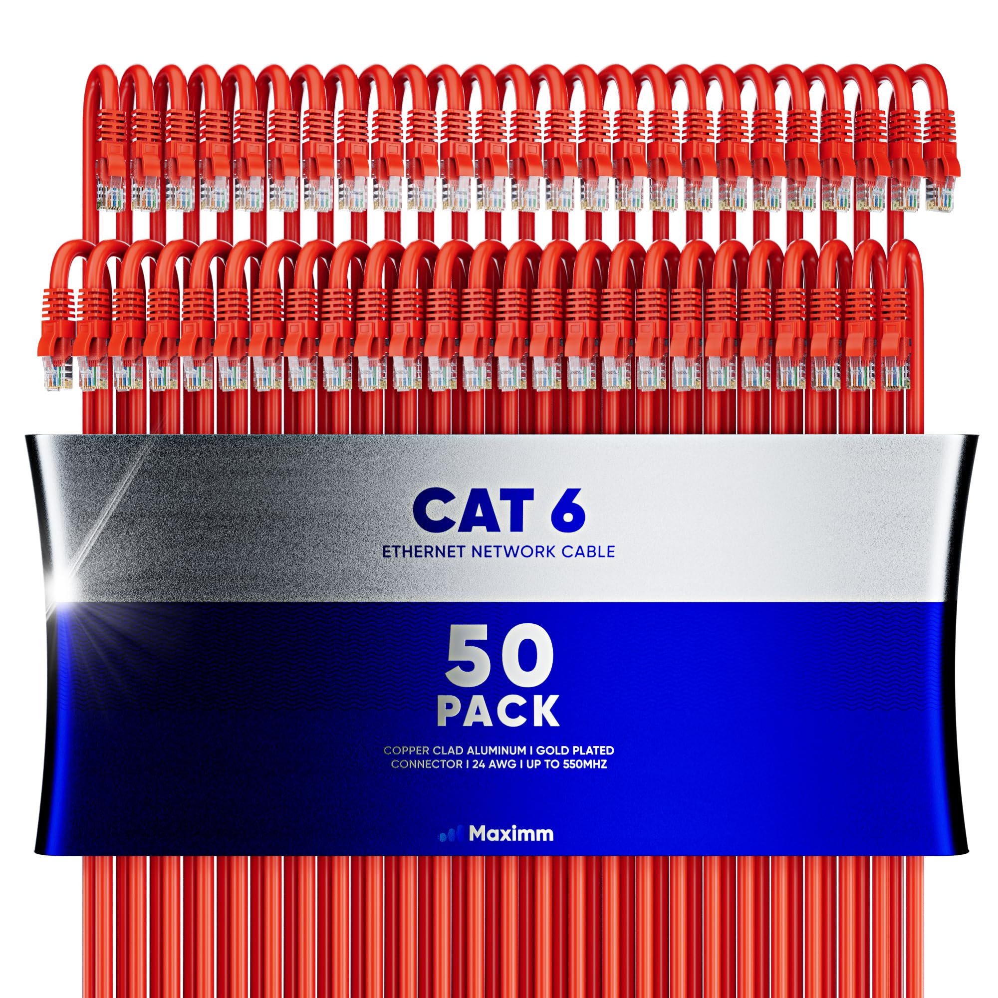 Maximm Cat 6 Ethernet Cable 10 Ft (50 Pack)   High Speed Lan Cable, Internet Cable, Patch Cable, And Network Cable   Utp, 10Gbps, 550Mhz Ethernet Cord   Orange