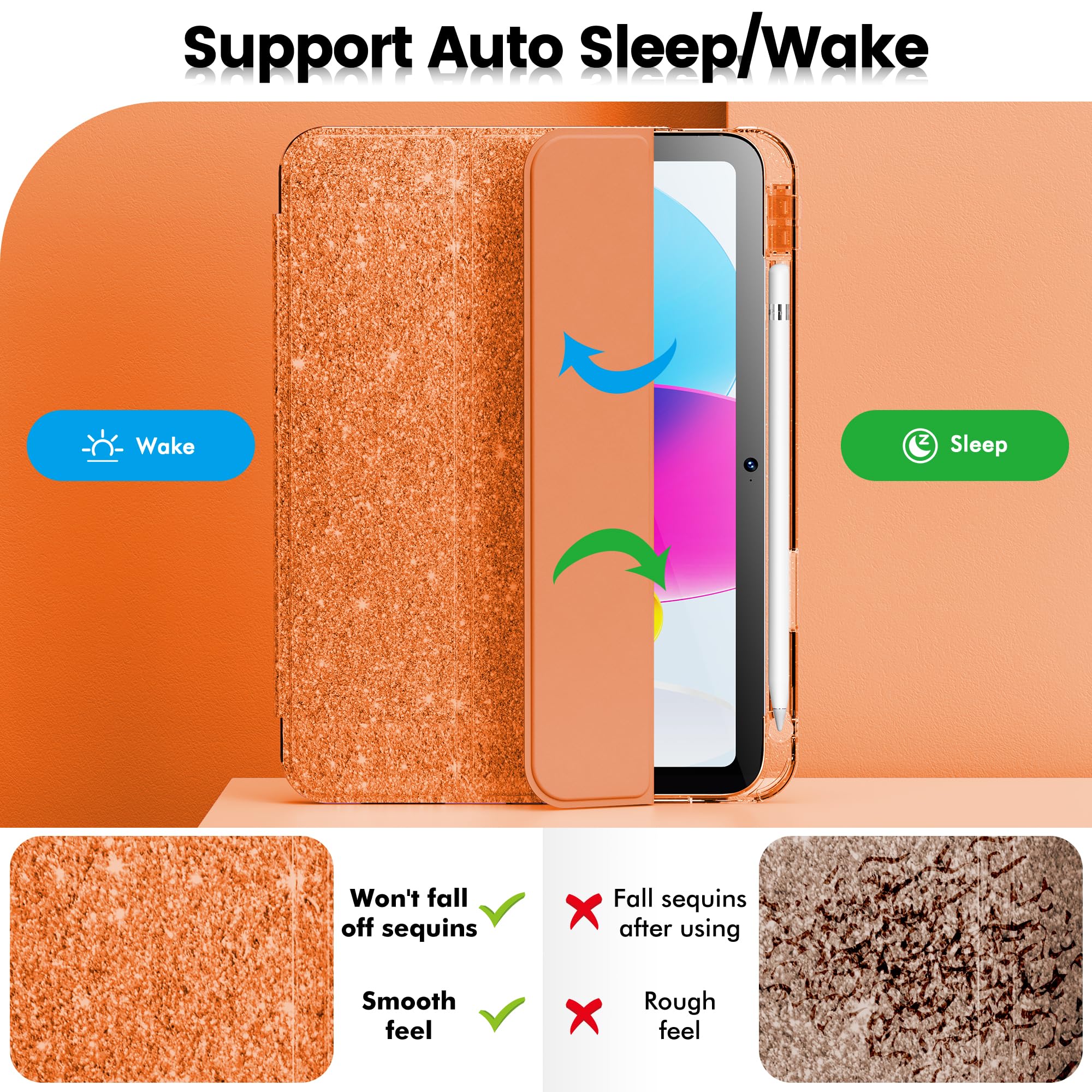 Infiland Compatible With Ipad 10Th Generation Case, Ipad Case 10Th Generation 10.9 Inch, Glitter Leather Cover With Sparkly Crystal Clear Back, Pencil Holder, Anti Yellowing (Fiery Orange)