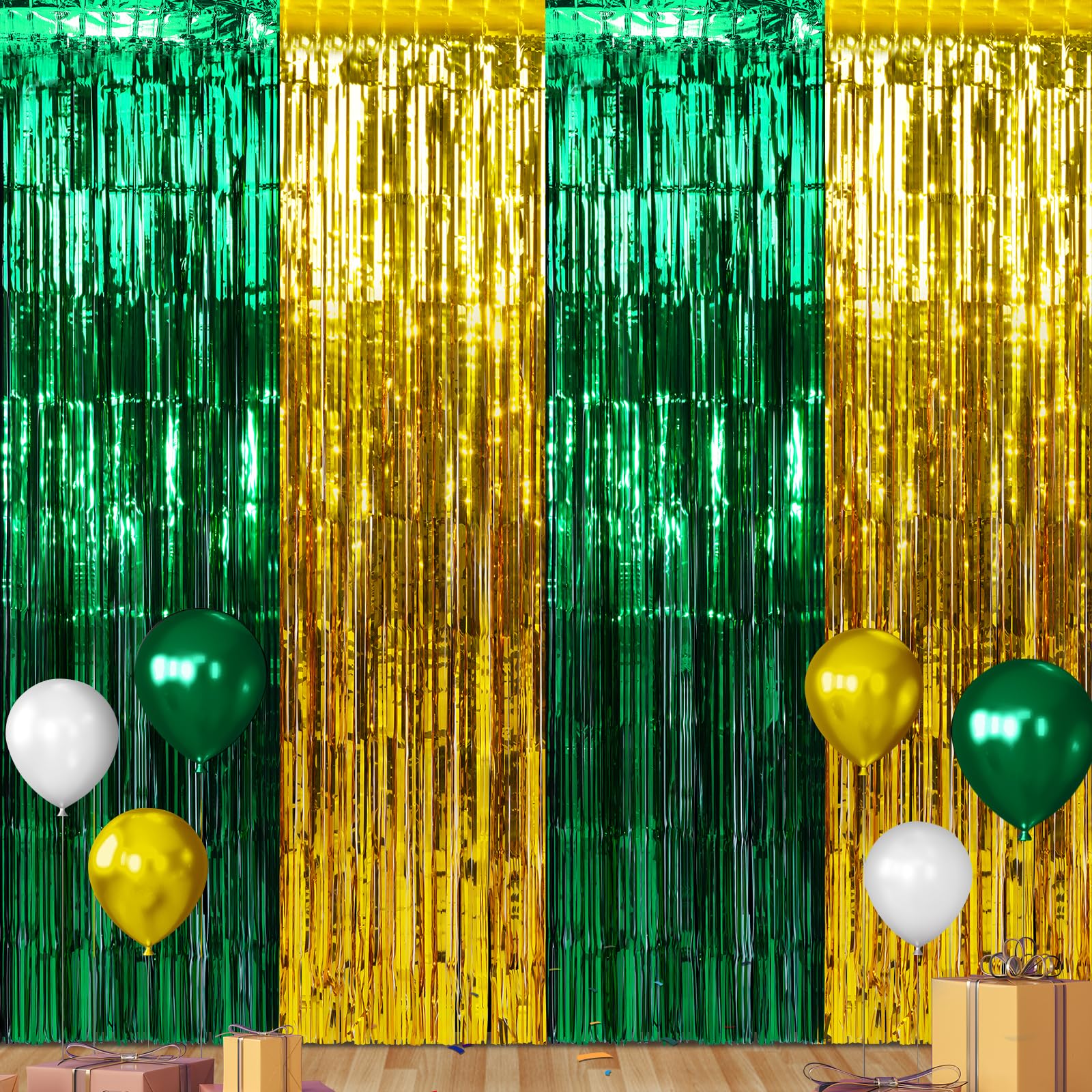 3Pack 3.3Ft X 6.6Ft Graduation Foil Fringe Curtain Backdrop Decorations, Green Gold Metallic Tinsel Foil Streamers Curtain Photo