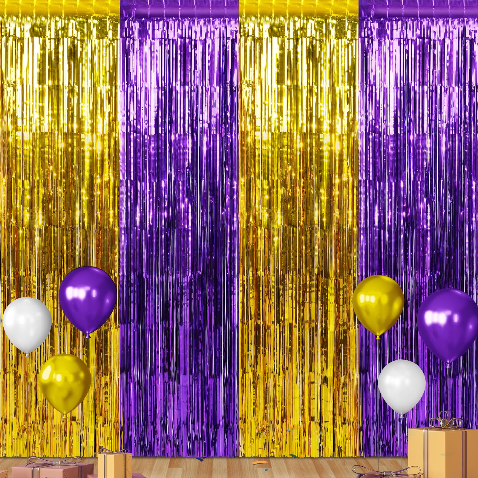 3Pack 3.3Ft X 6.6Ft Graduation Foil Fringe Curtain Backdrop Decorations, Purple Gold Metallic Tinsel Foil Streamers Curtain Phot