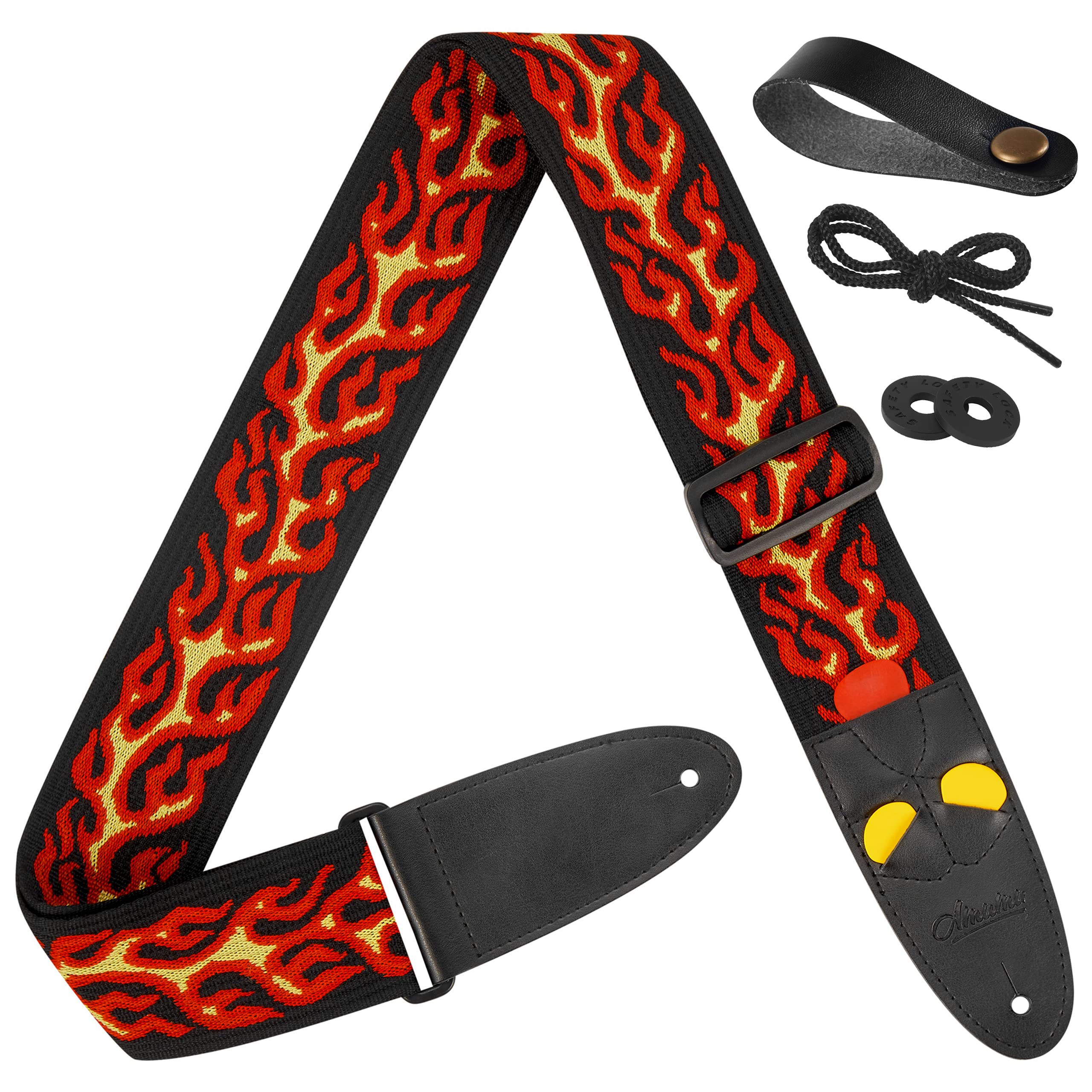 Amumu Flame Jacquard Guitar Strap Red Polyester for Acoustic, Electric and Bass Guitars with Lace Tie  2.3 Wide