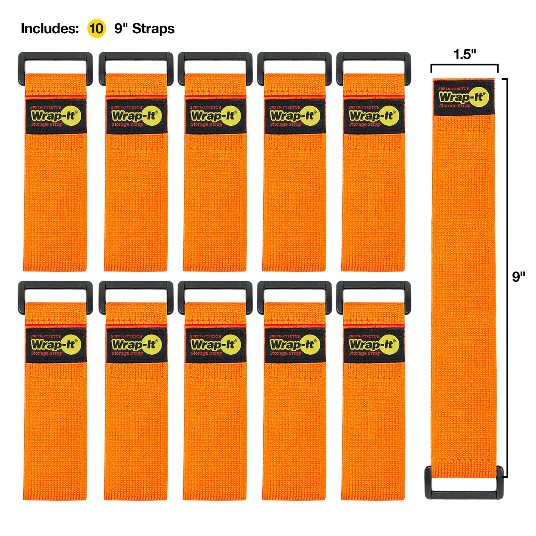 Super Stretch Wrap It Storage Straps   (10) 9'' Orange   Elastic Hook And Loop Cinch Straps   Extension Cord Organizer, Hose And