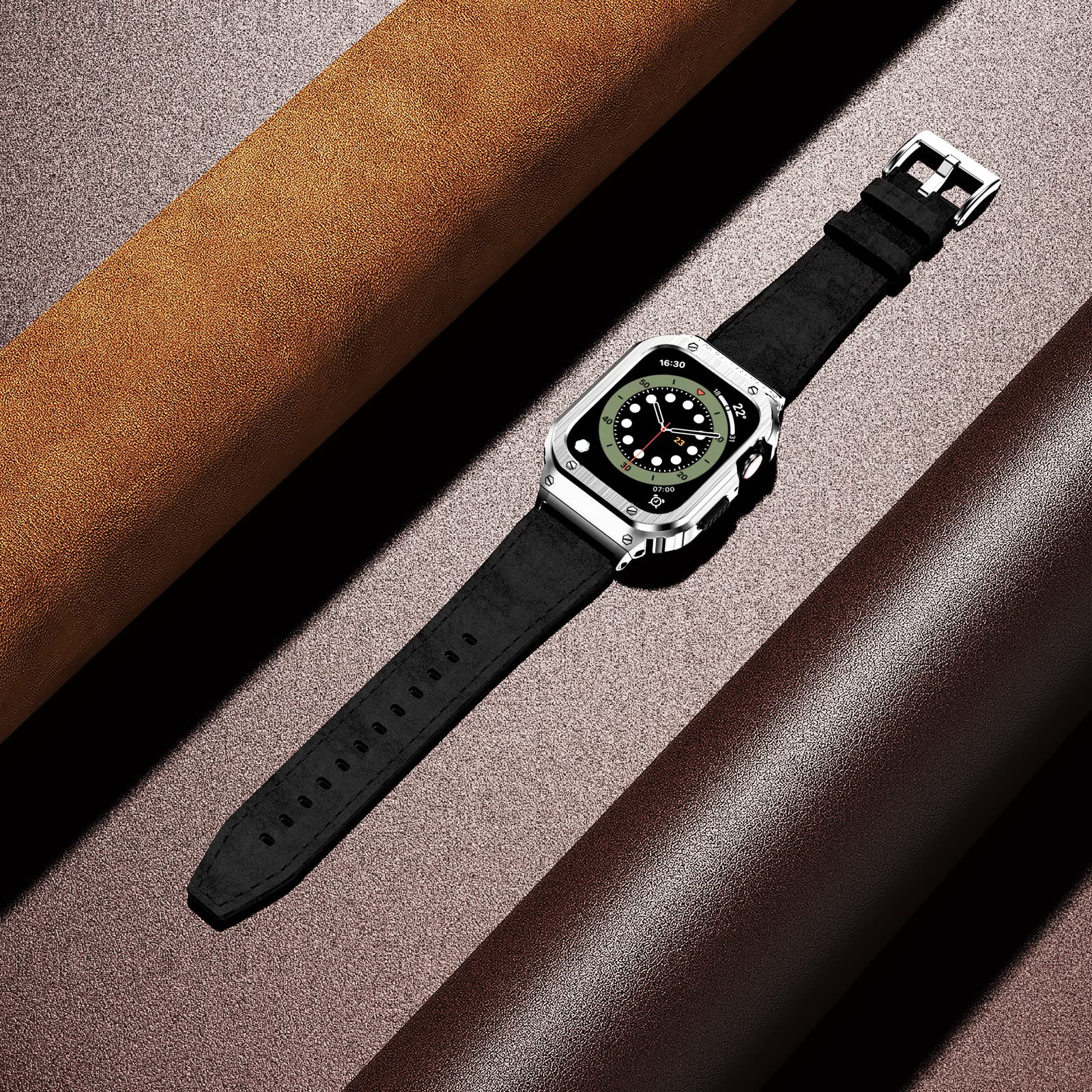 Suplink Stainless Steel Case And Bands Compatible With Apple Watch 44Mm Bands 42Mm,Leather Strap Rugged Cover For Iwatch Bands S