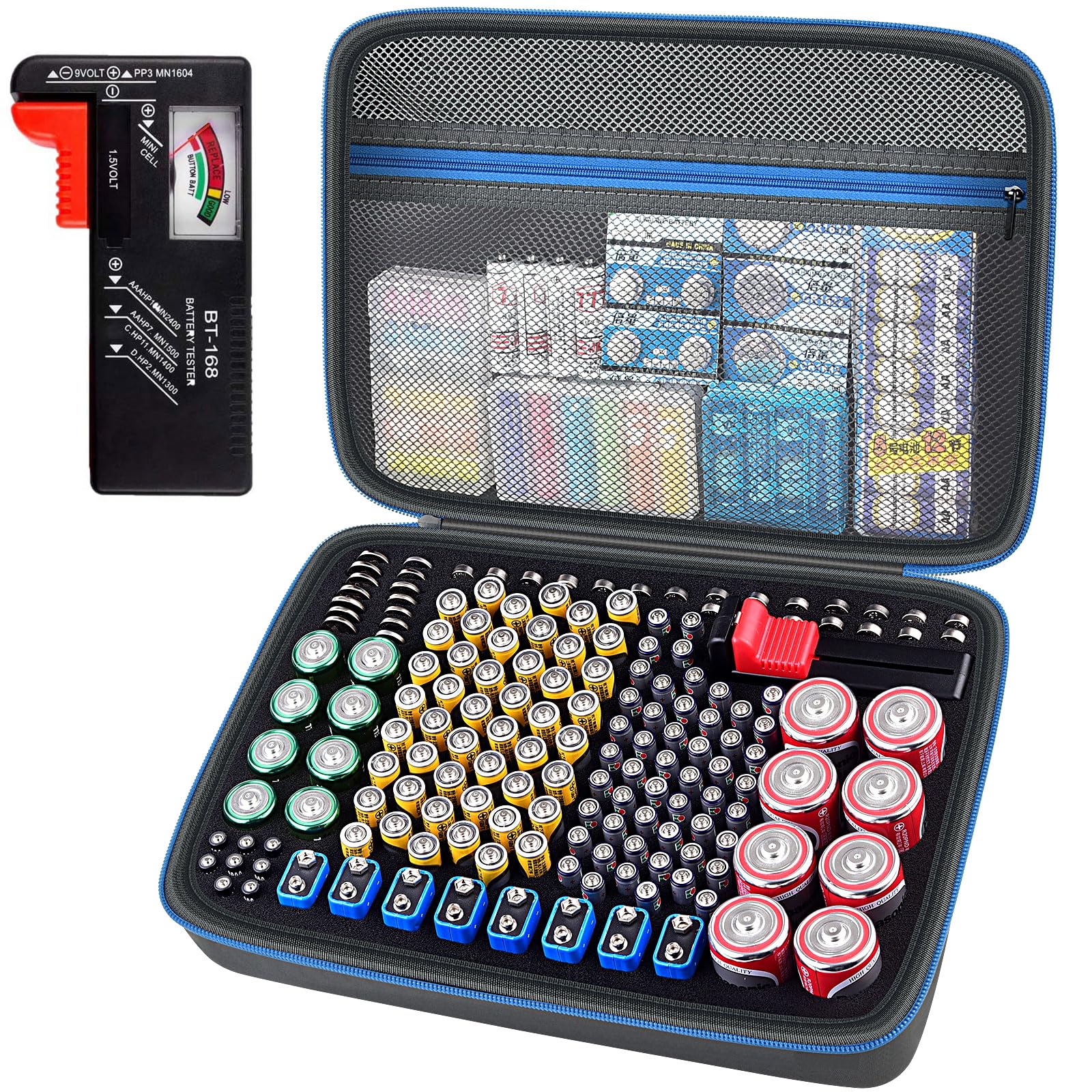 Battery Organizer Storage Holder Case Box With Tester Checker Bt 168. Holds 225 Batteries Aa Aaa C D Cell 9V 3V Lithium (Blue)