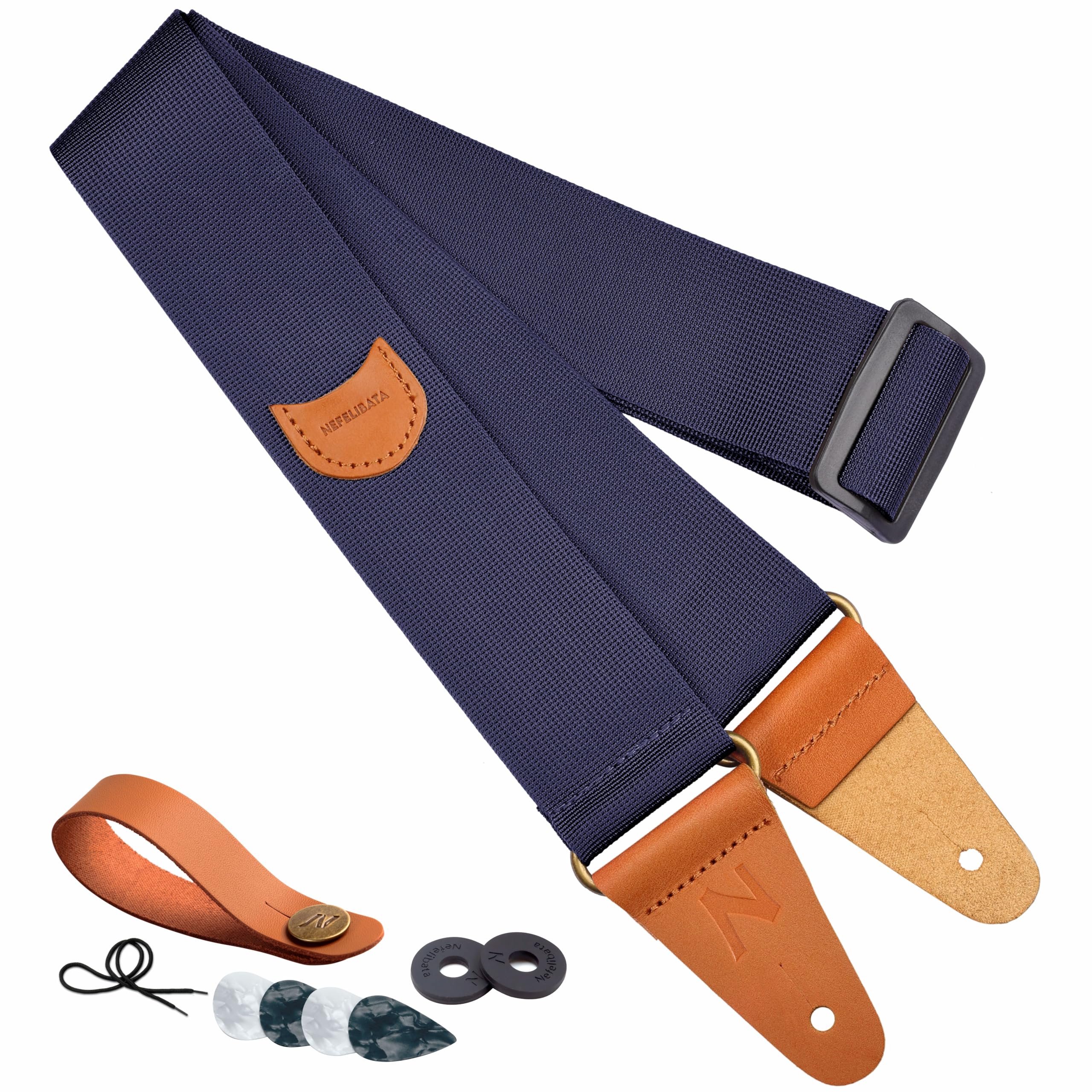 Nefelibata Guitar Strap With Pick Pocket, Vintage Nylon Full Grain Leather Ends Guitar Straps For Bass, Electric & Acoustic Guit