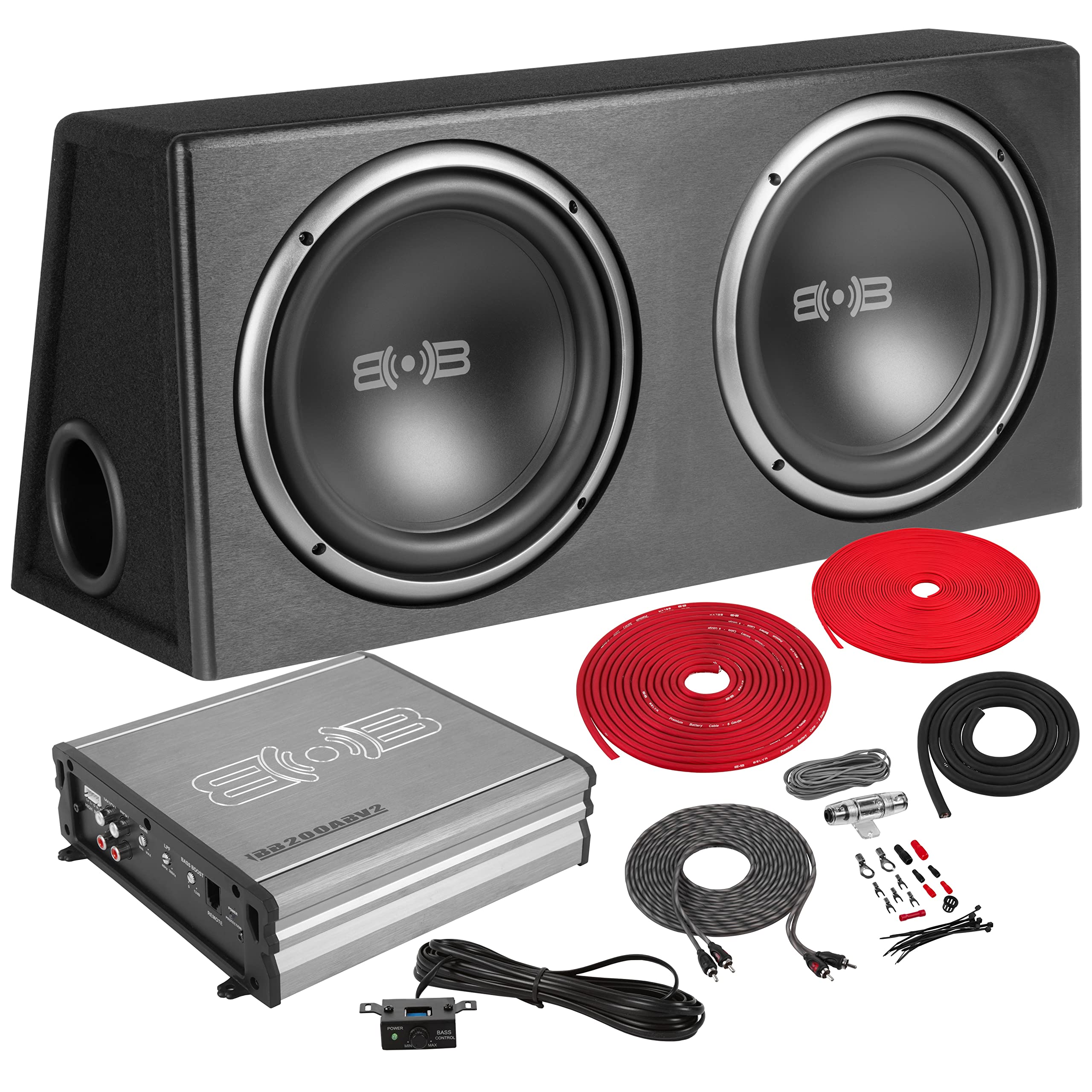 Belva Bpkg212V2 1200W Dual 12' Car Subwoofer With Ported Enclosure, Monoblock Amplifier, Wiring Kit And Remote Bass Knob