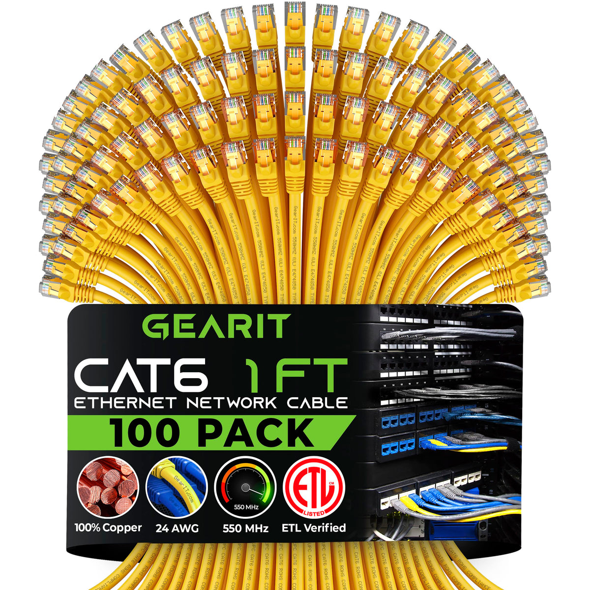 Gearit 100 Pack, Cat 6 Ethernet Cable Cat6 Snagless Patch 1 Foot   Snagless Rj45 Computer Lan Network Cord, Yellow   Compatible