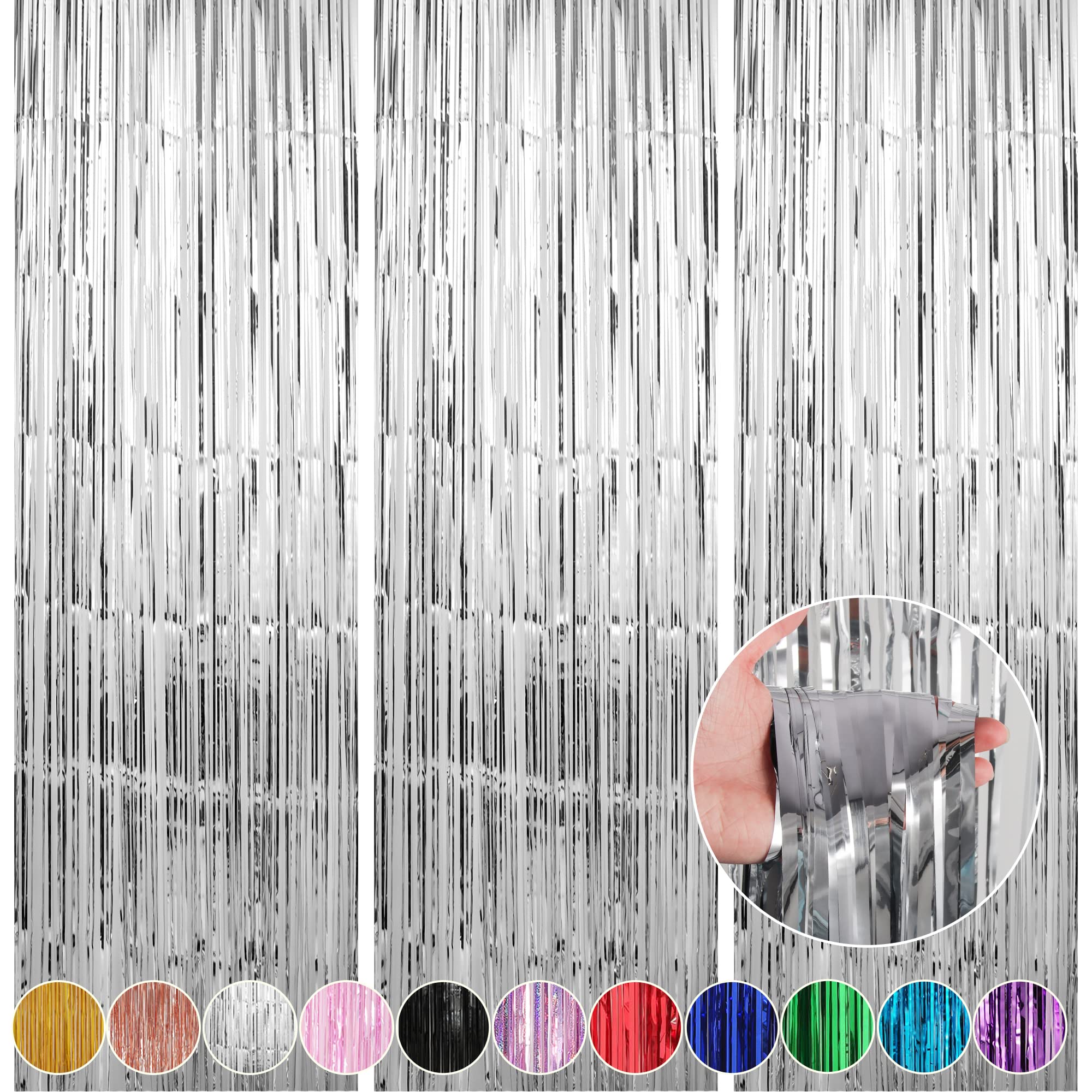 Crosize 3 Pack 3.3 X 9.9 Ft Silver Foil Fringe Backdrop Curtain, Streamer Backdrop Curtains, Streamers Birthday Party Decoration