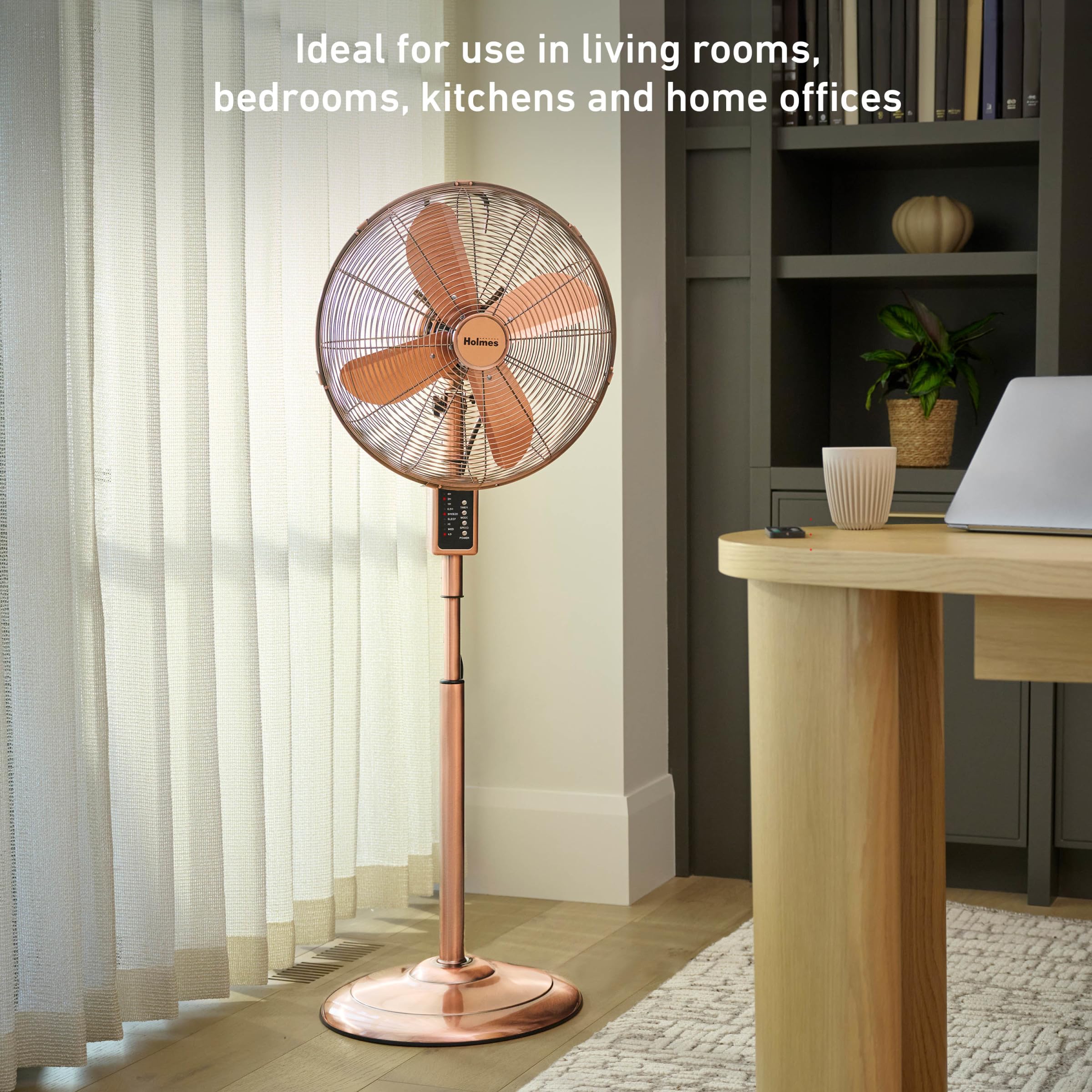 Holmes 16'' Copper Digital Metal Stand Fan, 75 Oscillation, 3 Speeds, 4 Blades, 3 Modes, 7.5 Hour Timer, Adjustable Height, 20 H