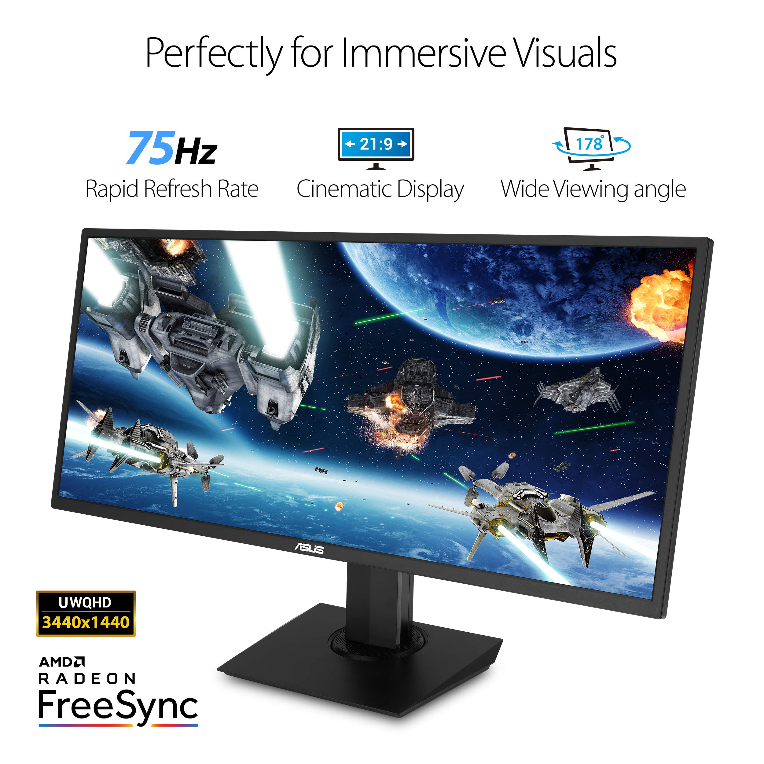 Asus Vp348Qgl 34    Ultra Wide Freesync Hdr Gaming Monitor 75Hz 1440P Eye Care Displayport Hdmi,Black