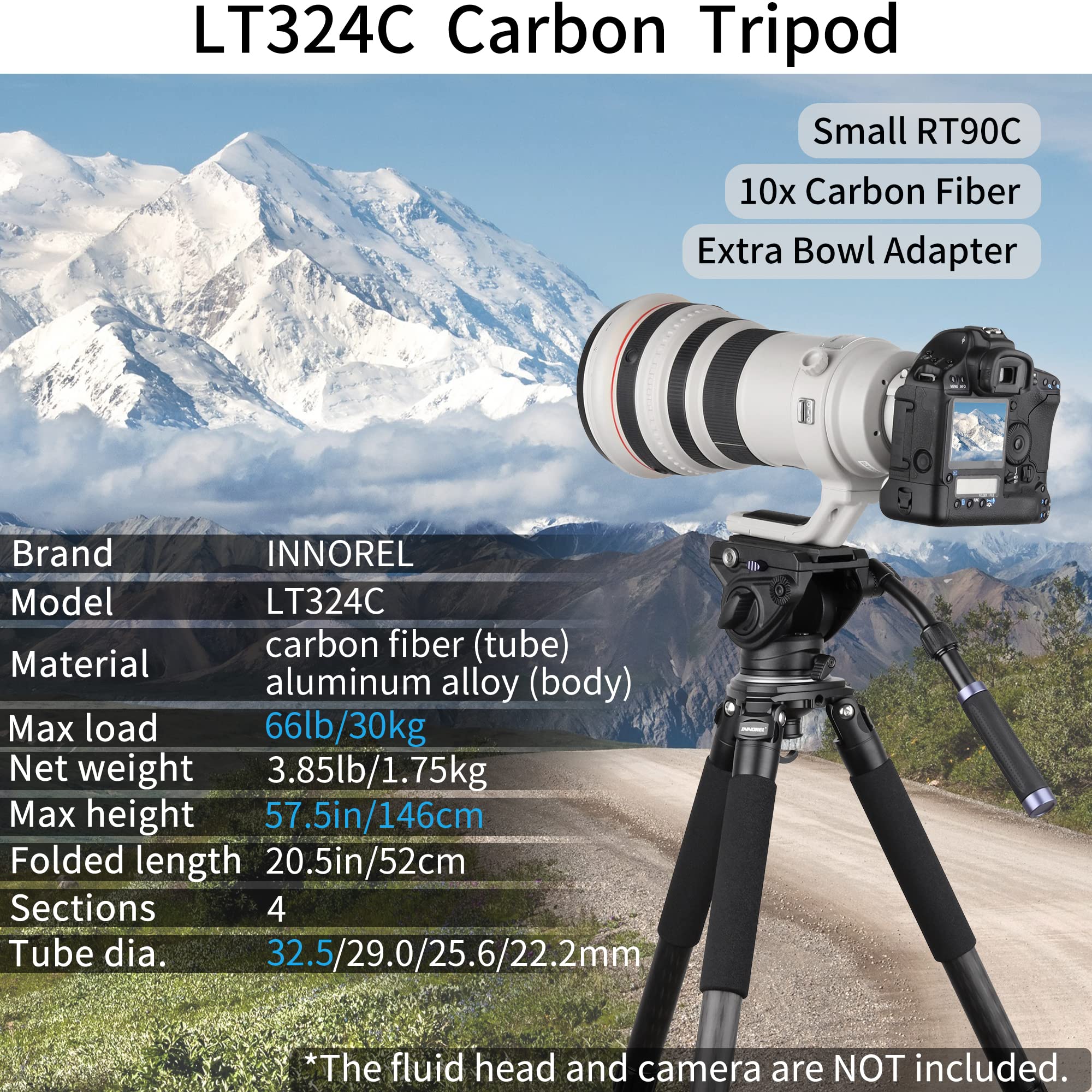 Portable Carbon Fiber Tripod Innorel Lt324C Professional Heavy Duty Tripod Stand With 75Mm Adapter For Camera,Bird Photography,Dslr,Max Load 66Pounds/30Kg,Max Height 57Inches/146Cm Black
