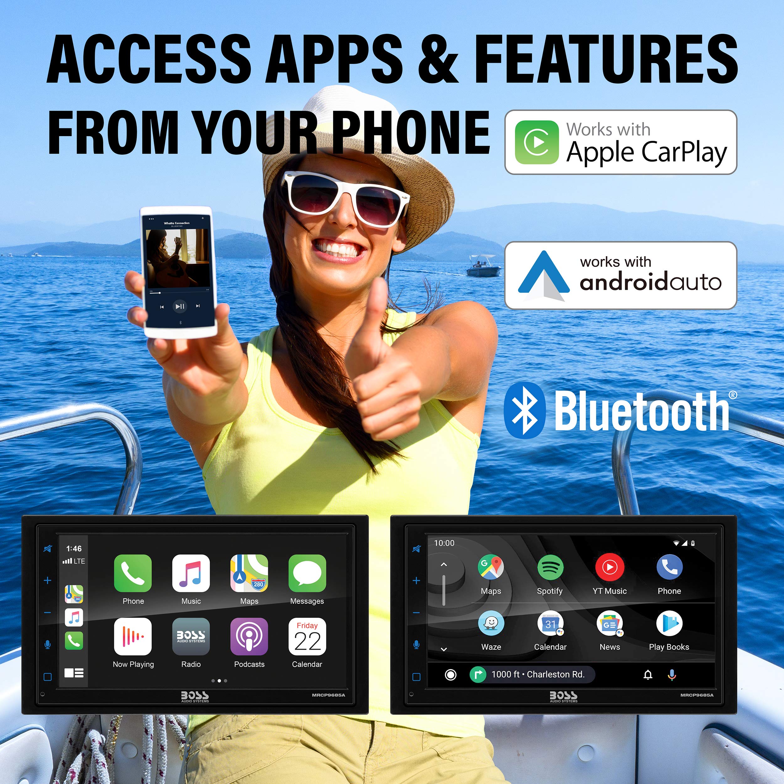 Boss Audio Systems Marine Rated Weatherproof Mrcp9685A Apple Carplay Android Auto Multimedia Player   Double Din, 6.75 Inch Lcd