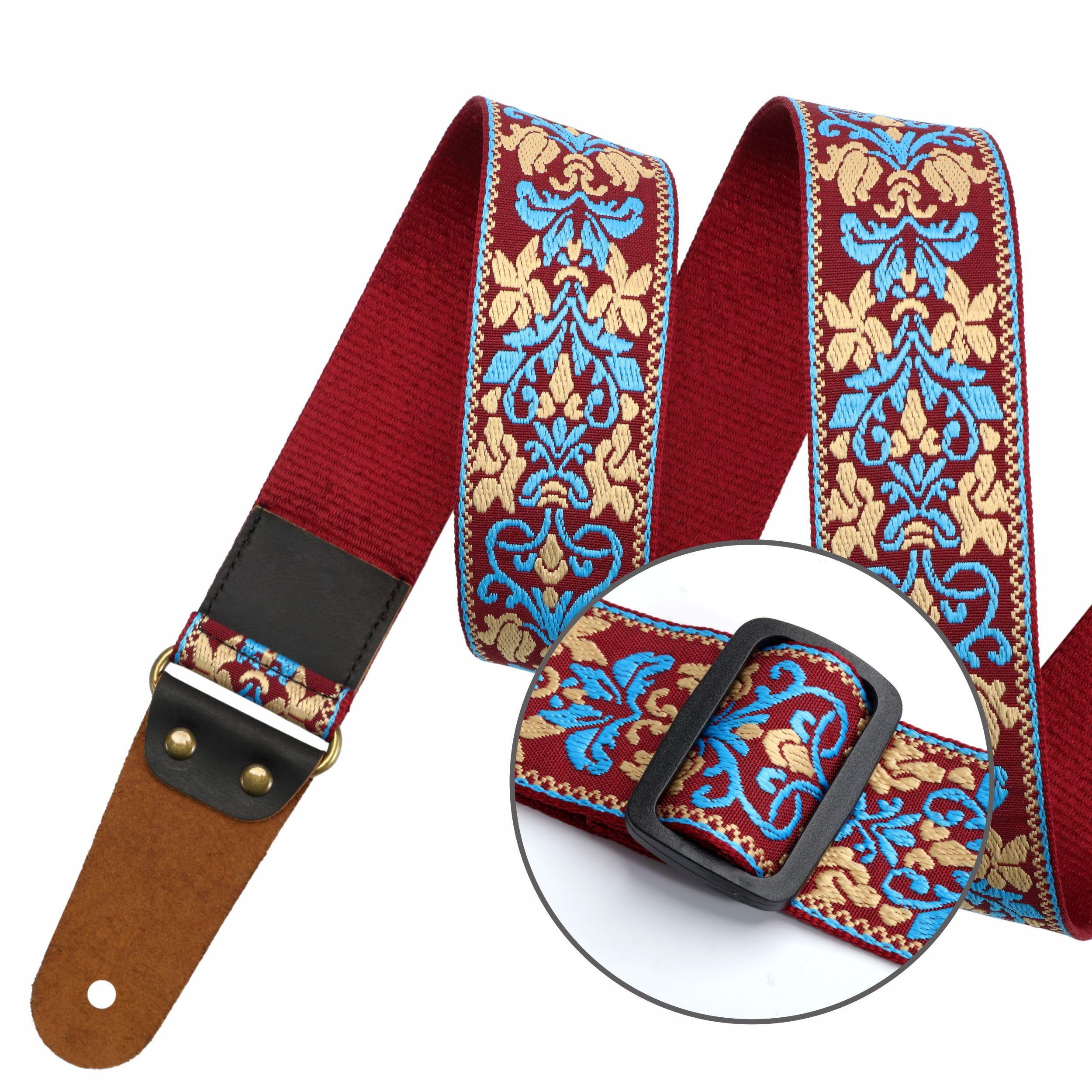 Nefelibata Guitar Strap, 2'' Jacquard Embroidery Guitar Straps, Full Grain Leather Ends With Hidden Pocket, For Bass, Electric A