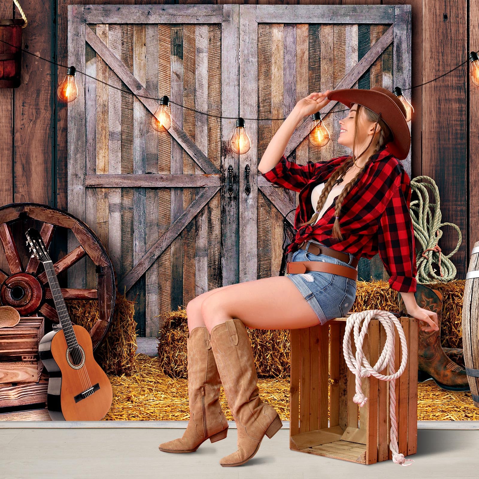 Moukeren Western Party Backdrop Western Cowboy Party Decoration Supply Wild West Decor Wooden House Barn Photo Background For Bi