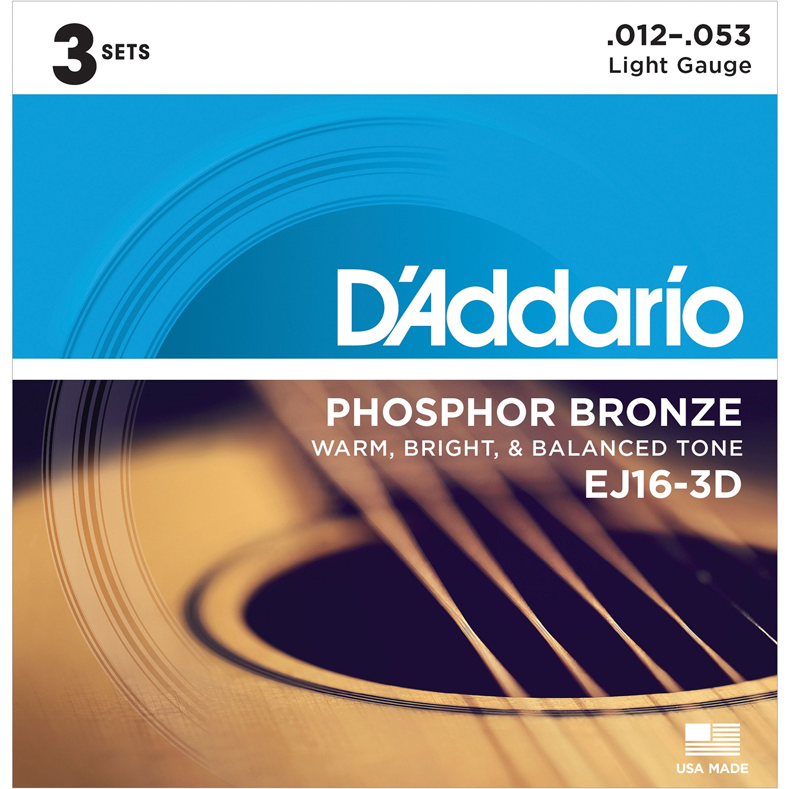 DAddario EJ16-3D Phosphor Bronze Acoustic Guitar Strings, Light, 3 Sets