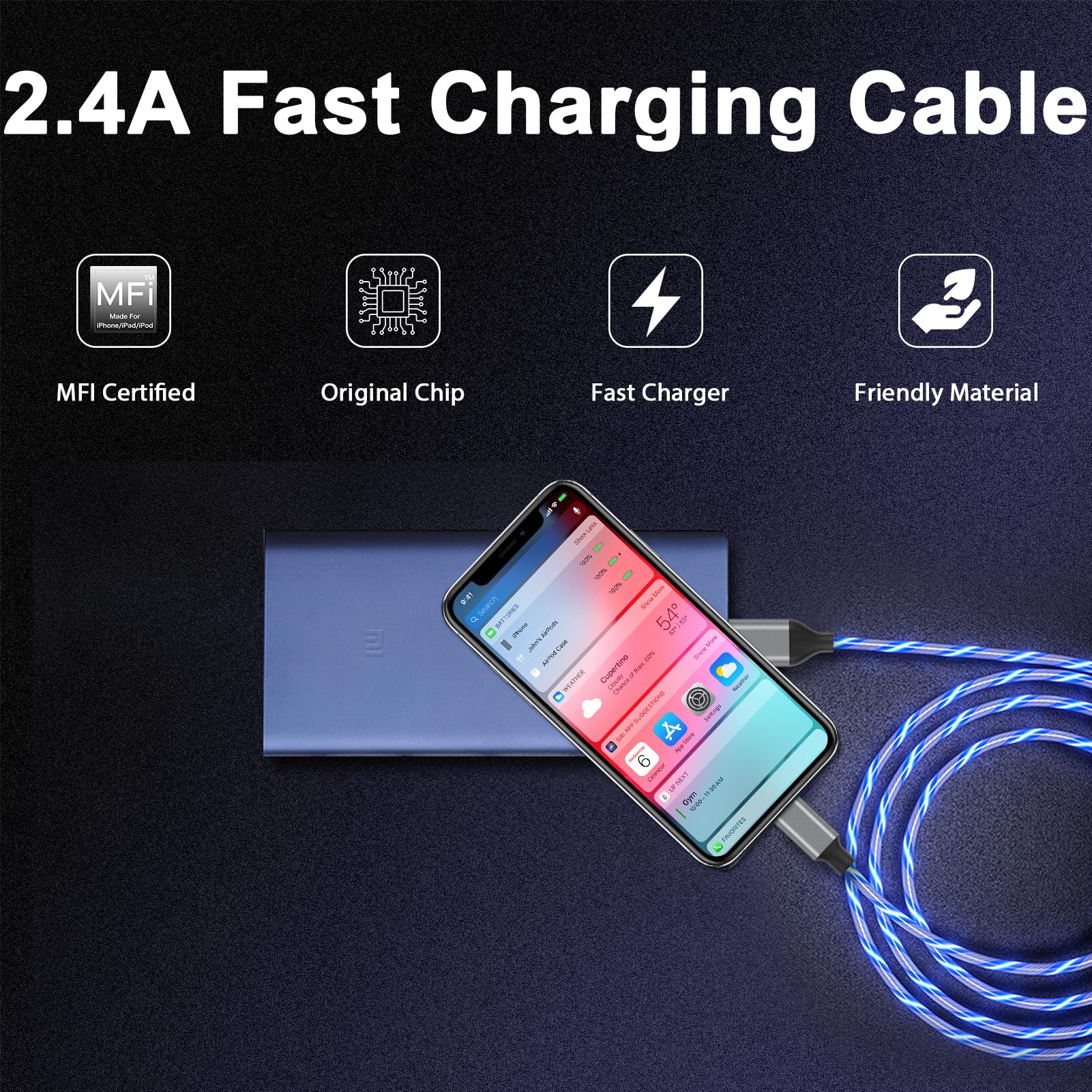PatDow LED iPhone Charger Cable - MFi Certified, 6 ft, Blue, Copper, Fast Charging for iPhone 14/13/12/11 Pro Max, iPad, iPod