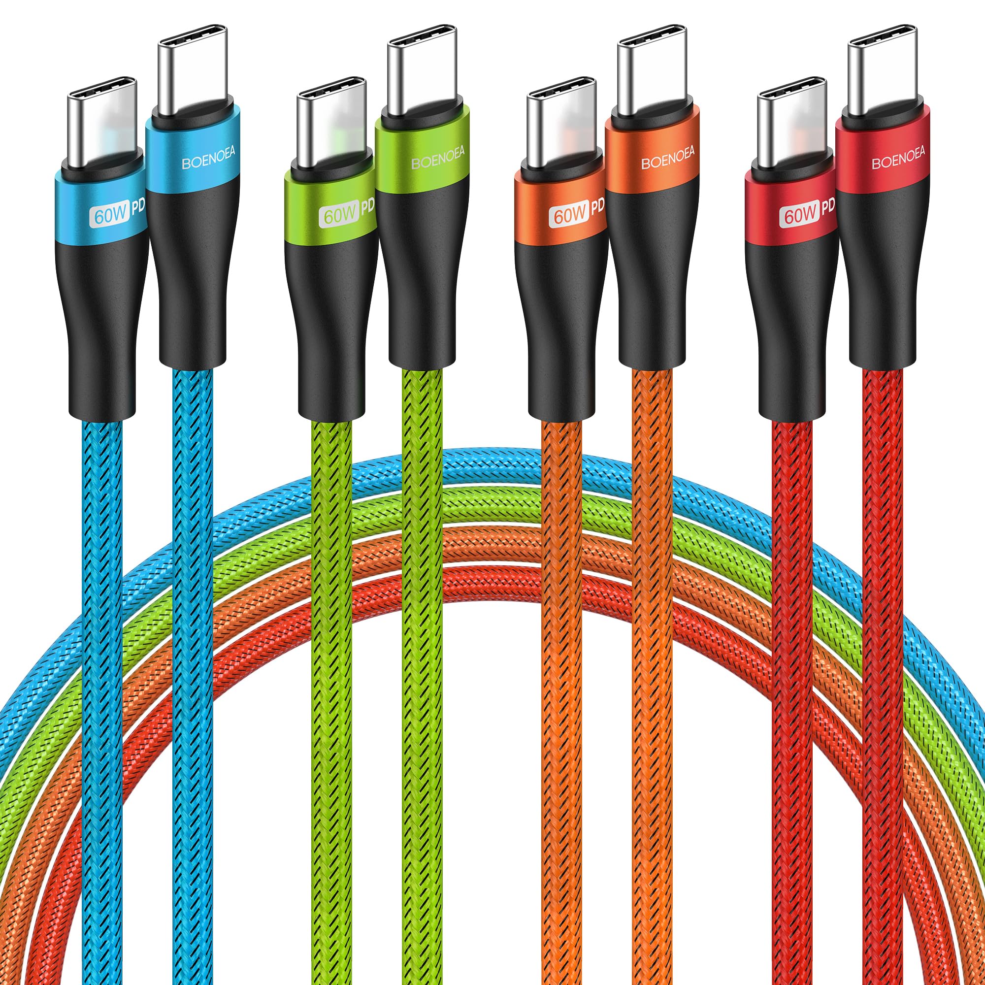 Boenoea Usb C To Usb C Cable 10Ft 4 Pack, Usb C Charger Cable 60W Nylon Braided Compatible For Phone 15/15 Pro/15 Pro Max, Macbo