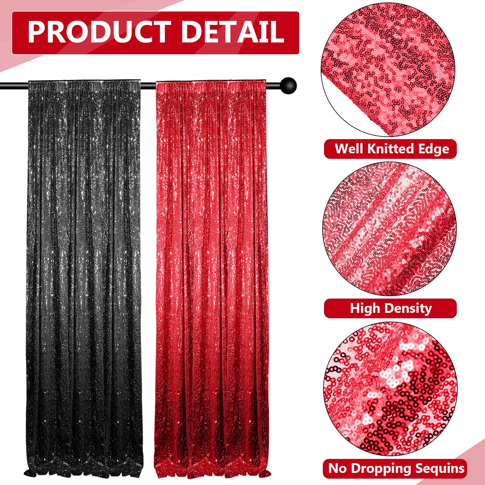 Tatuo Sequin Backdrop, 4 Panels 2Ft X 8Ft, High Density Material, Black & Red, Occasion Type: New Year, Christmas, Birthday, Tha