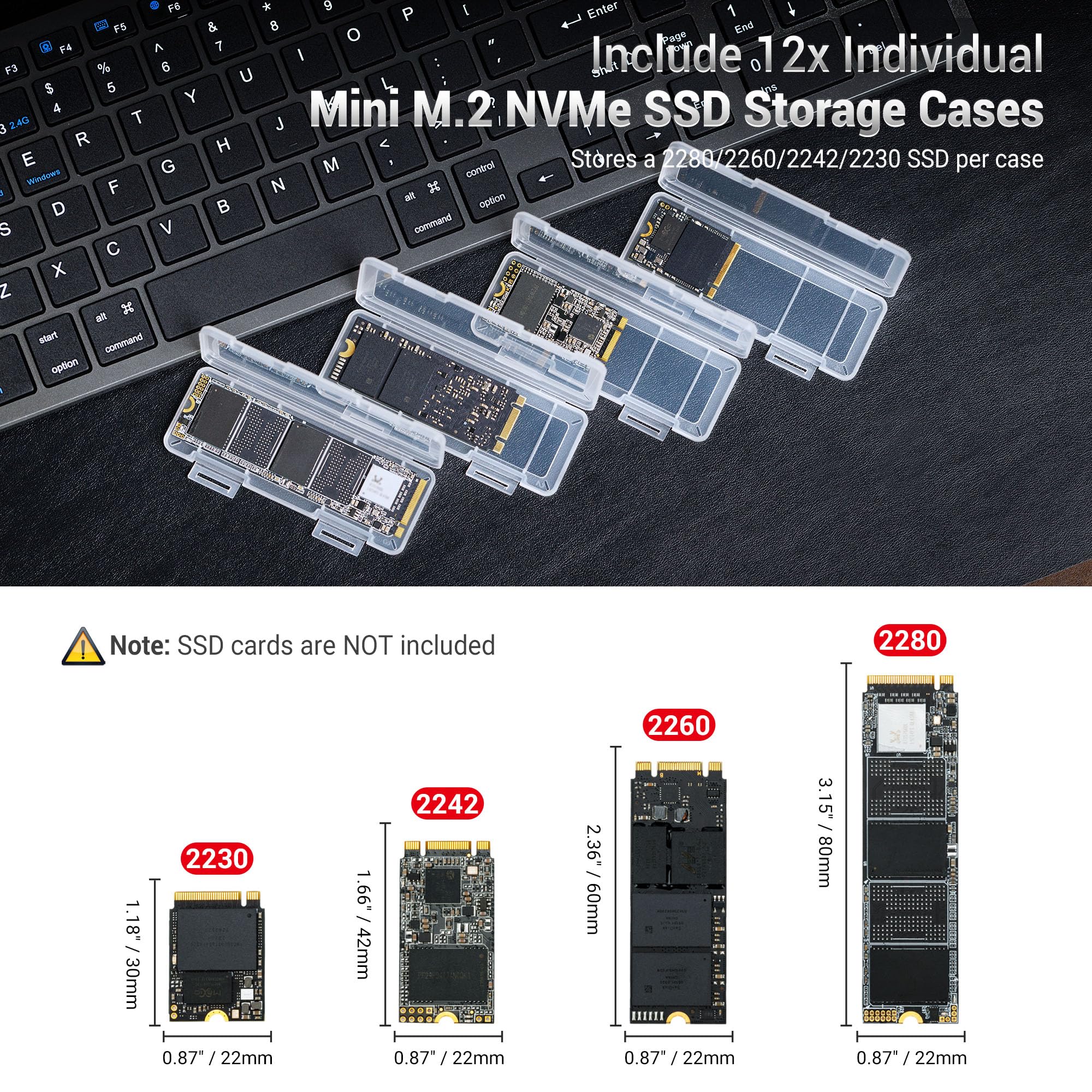 Dual Protect Hard M.2 Ssd Holder With 12 Pcs Individual Clear M.2 Nvme Case For M.2 2280 2260 2242 2230 Ssds Storage, Water Resi